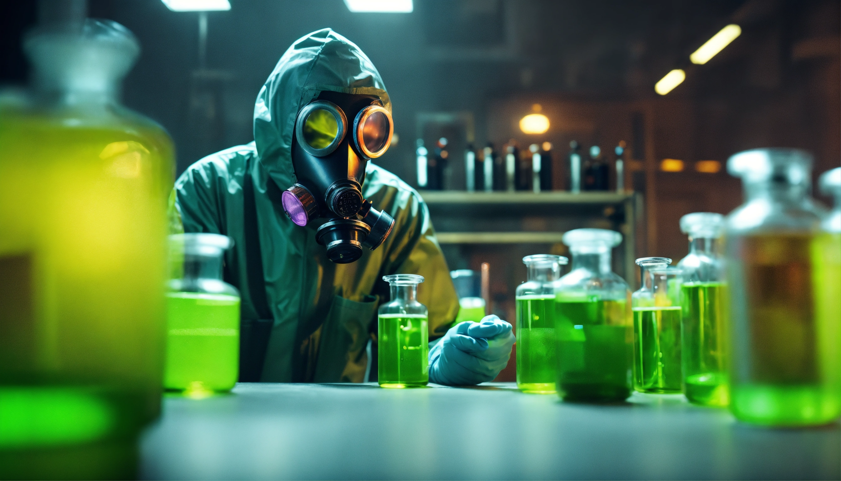 Lexica - Toxic. crazy man chemist wearing gas mask. working in a modern ...