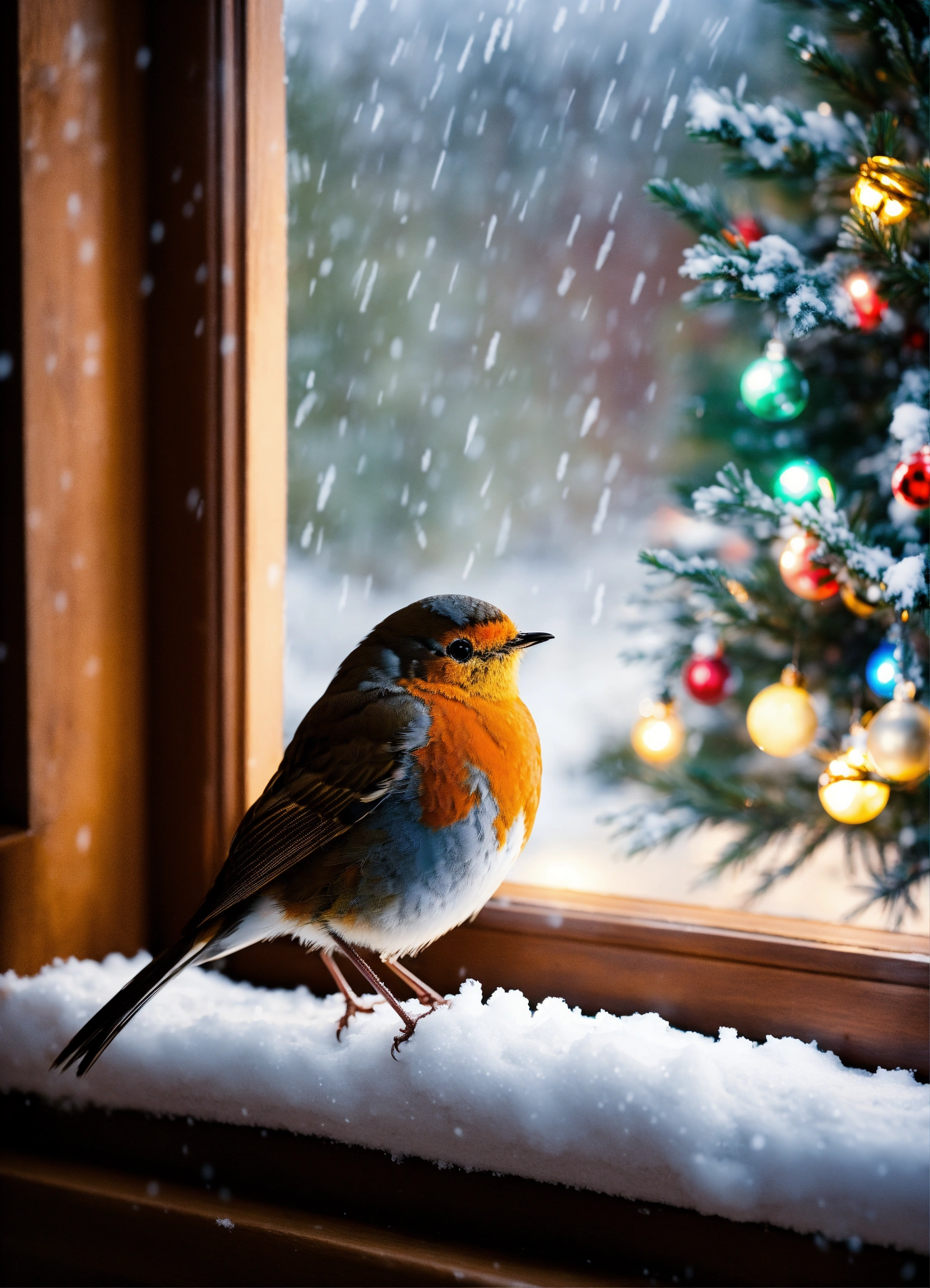 Lexica - A snow covered window with a robin sitting on the window and ...
