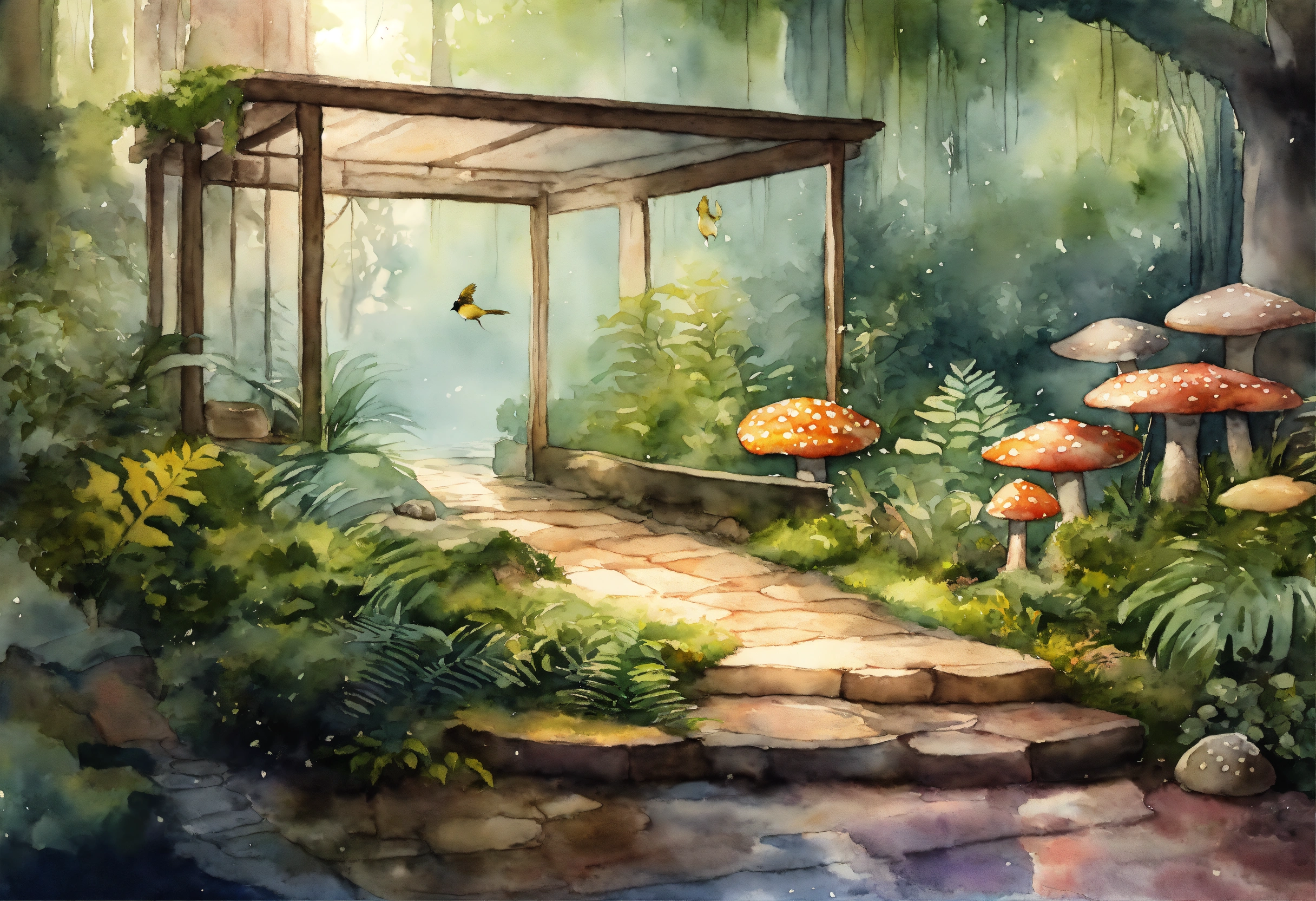Lexica - Create an a muted watercolor winding cobblestone pathway in an ...