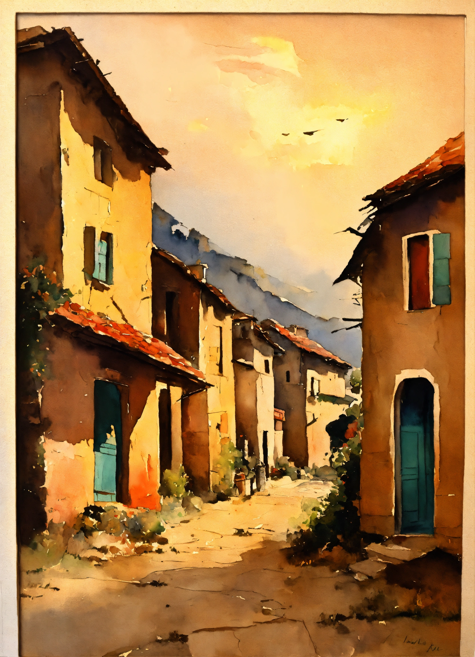 Lexica - Vintage oil watercolor worn and torn village painting and designs