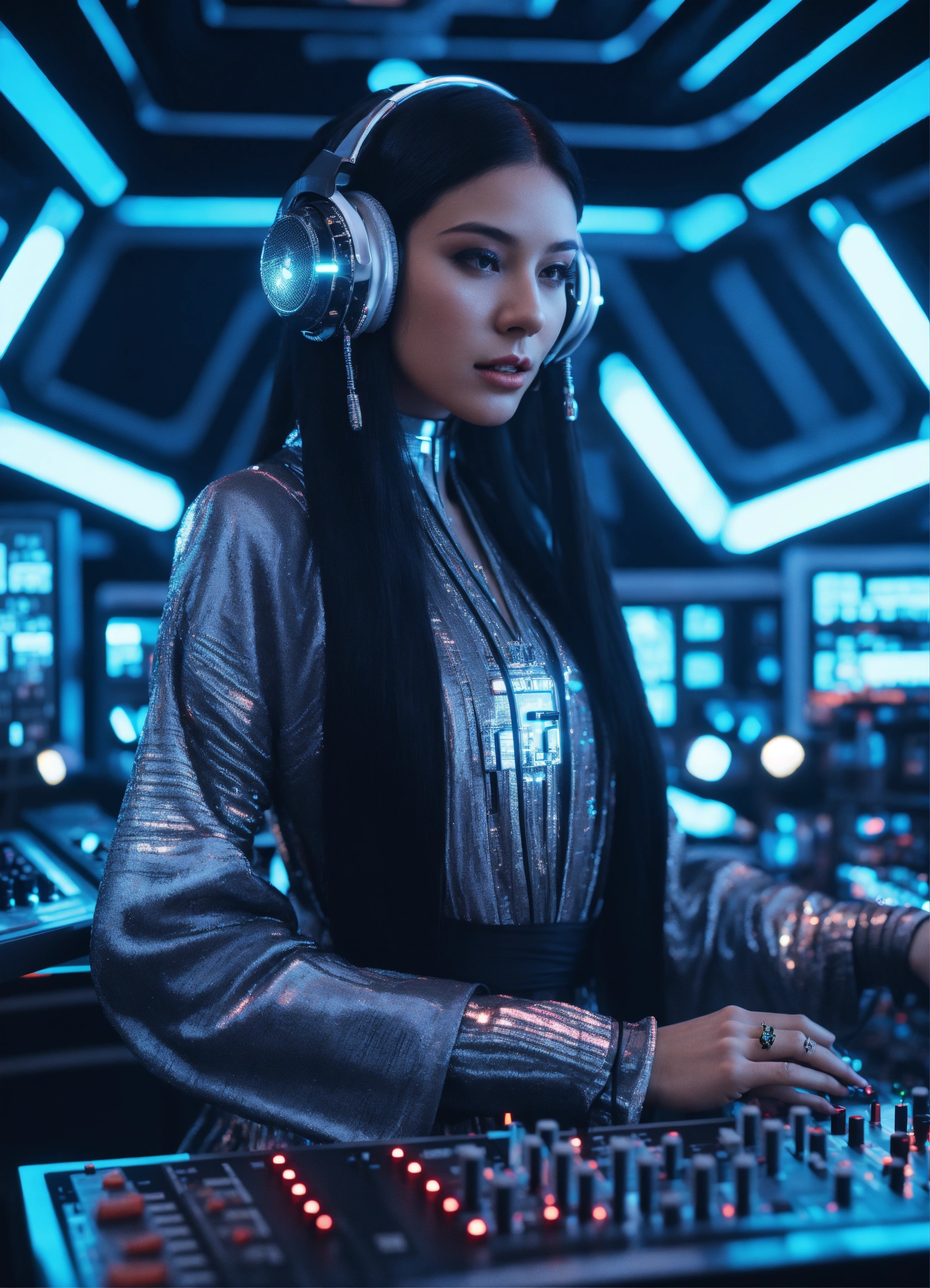 Lexica girl with long straight black hair in futuristic robe with hi