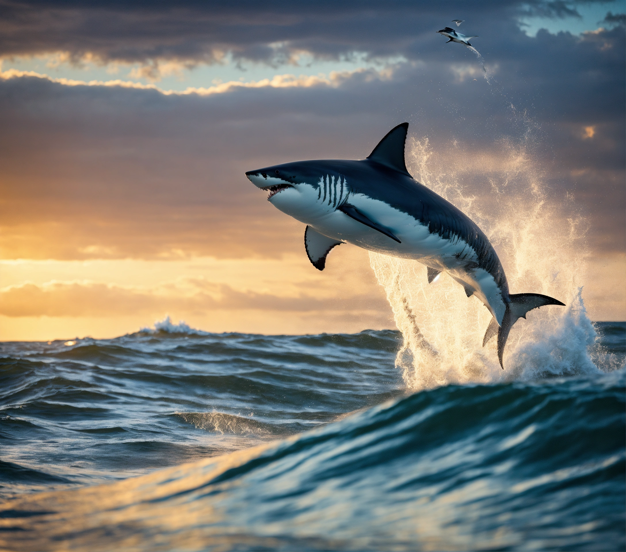 Lexica - Great white shark jumping out of the ocean water chasing after ...