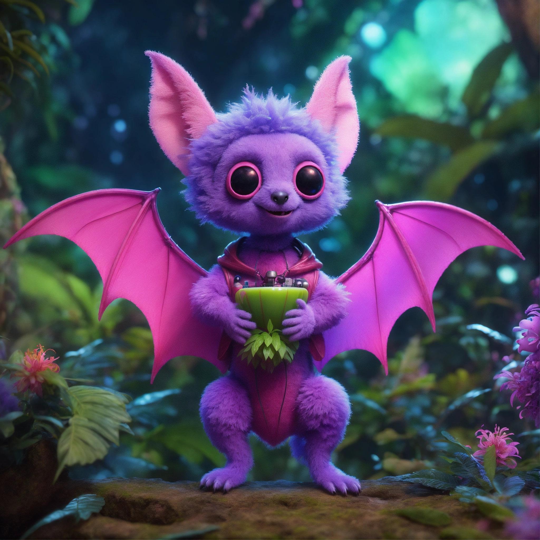 Lexica - Cute silly fuzzy pink and purple alien fruitbat character with ...