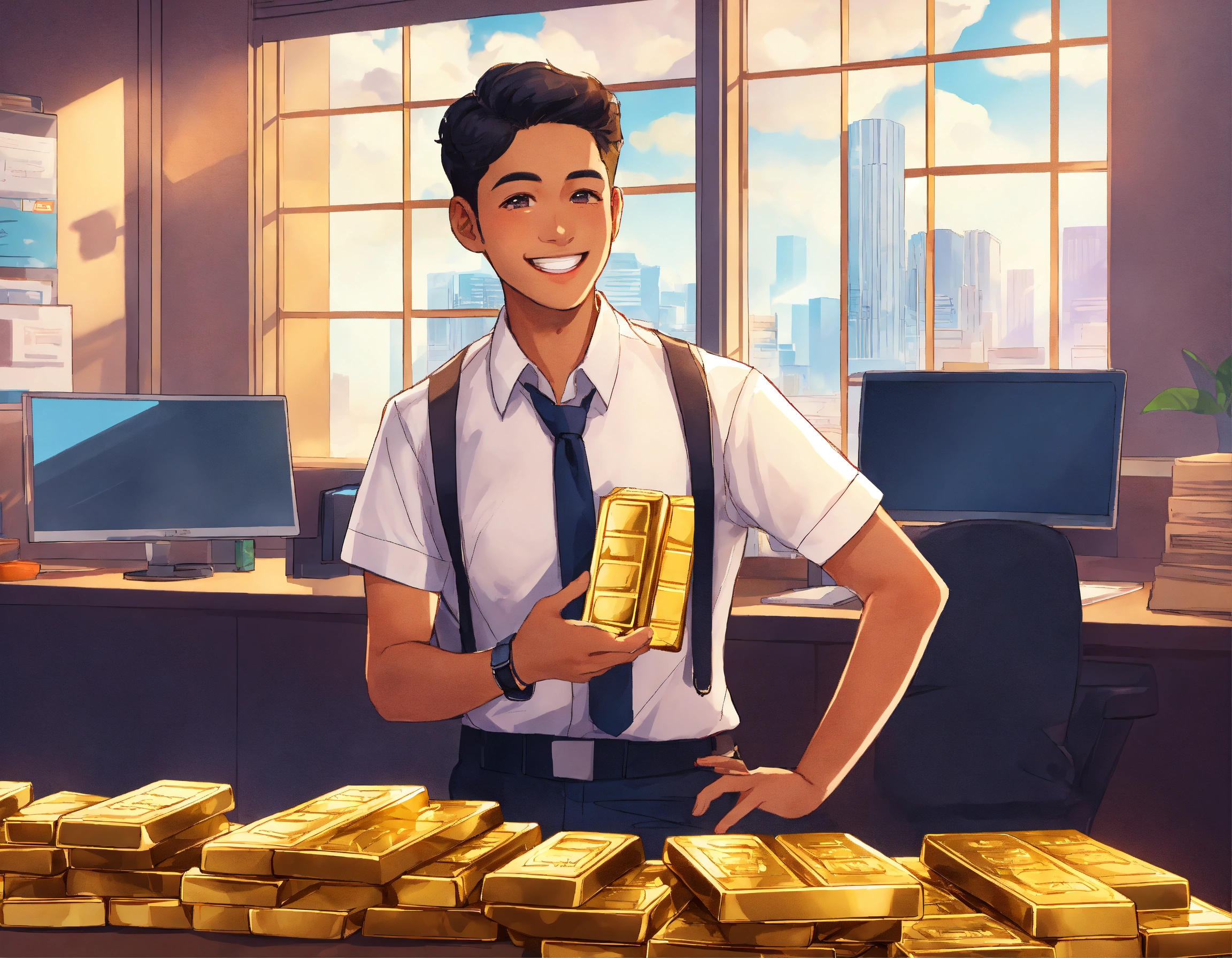 Lexica - A young person wearing an office uniform, holding gold bars ...