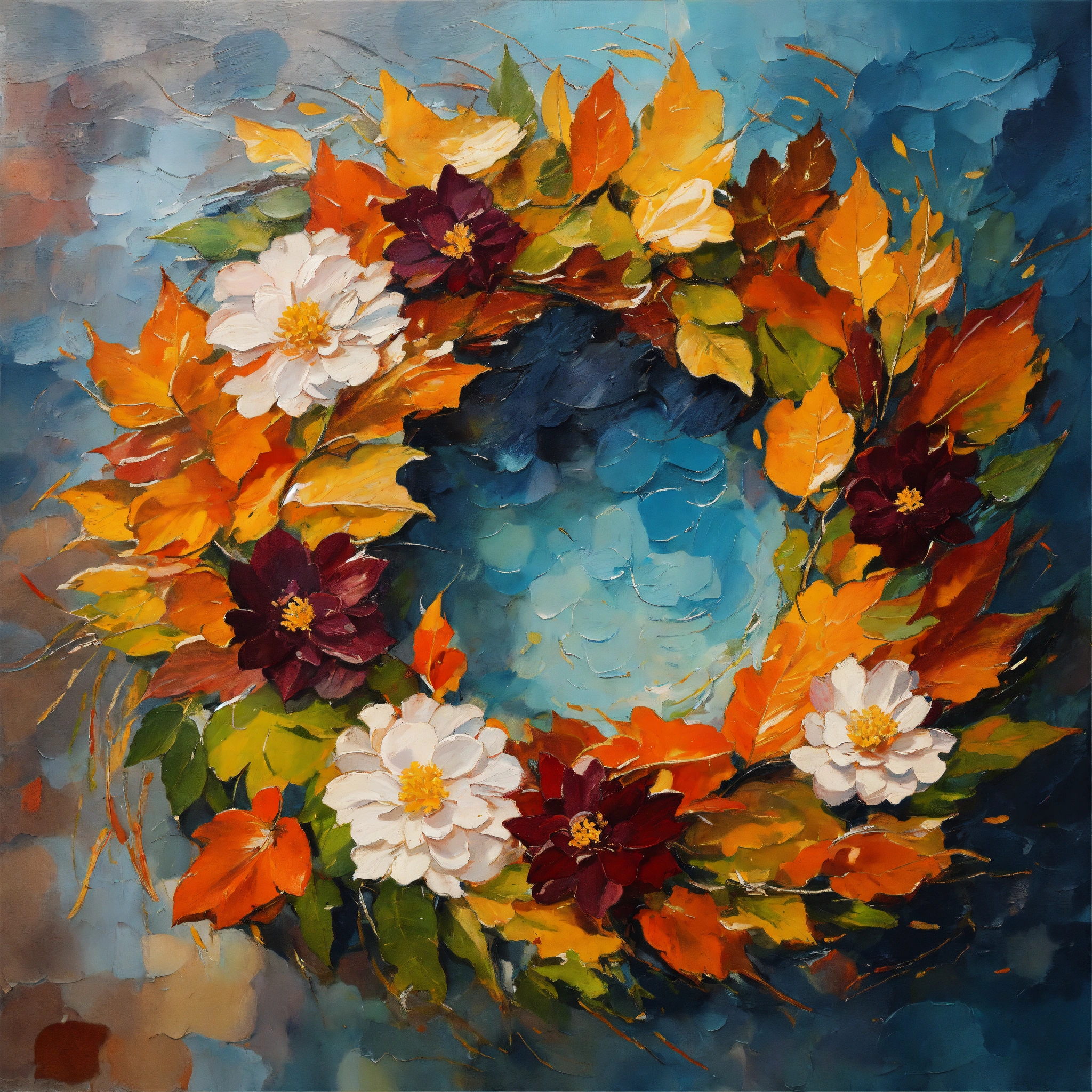 Lexica - Wreath of autumn leaves and flowers sea Oil painting pallet ...