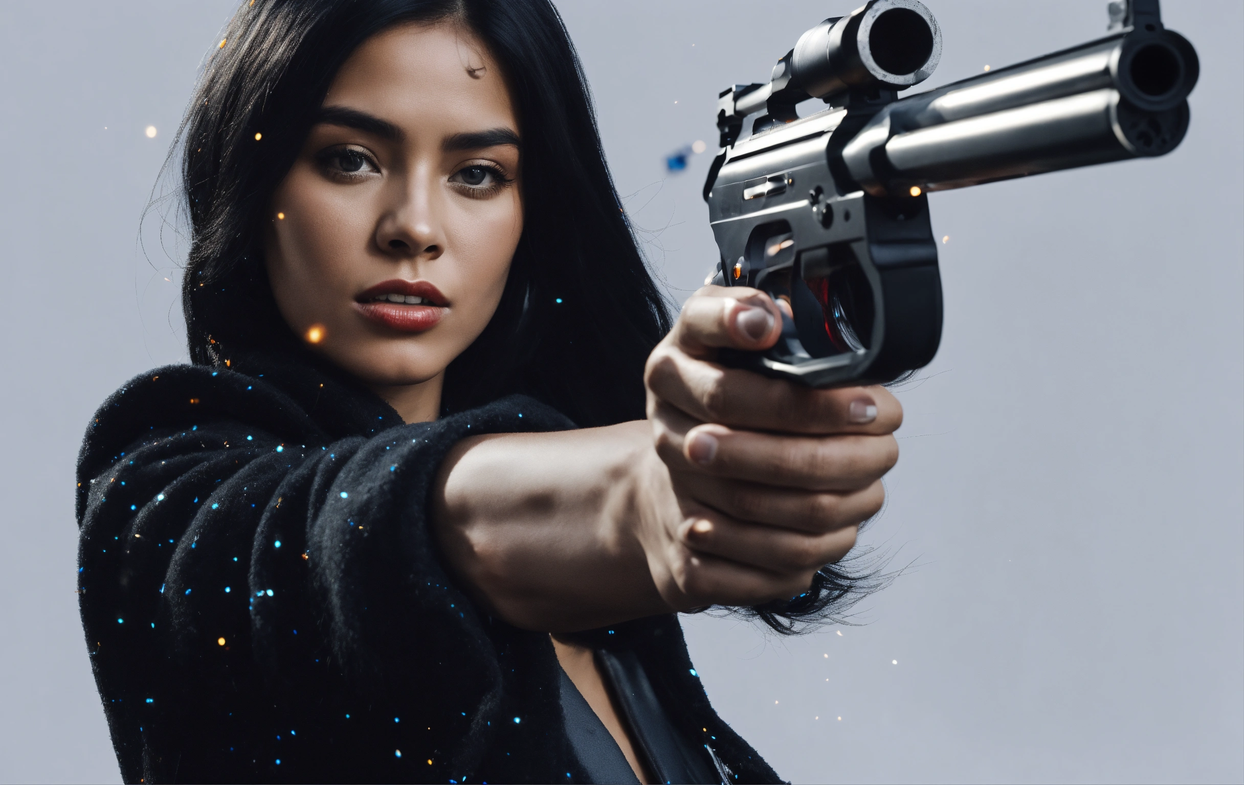 Lexica - Black hair european woman has a shooting gun in her hand in ...