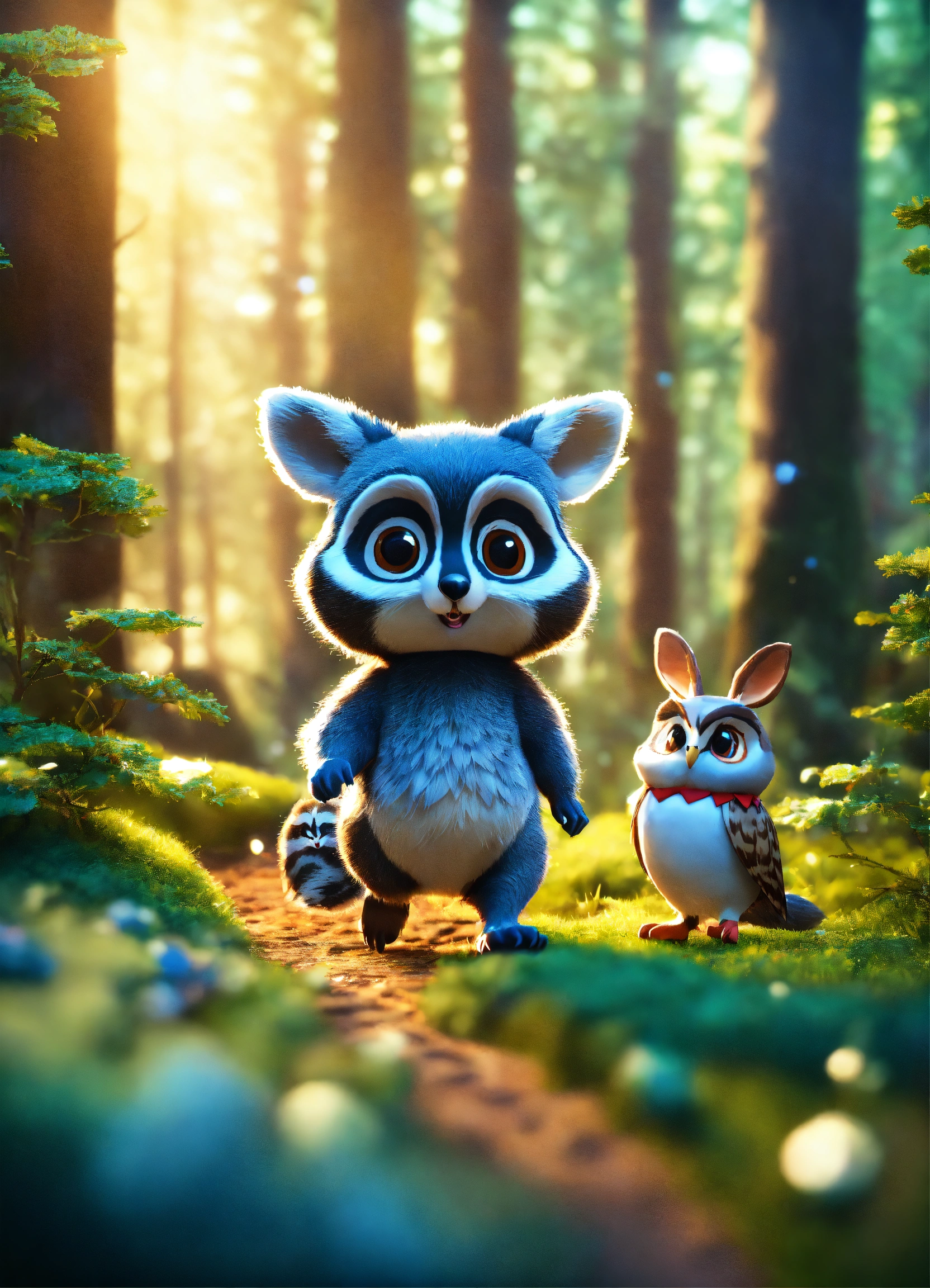 Lexica - Creating a story raccoon rabbit and owl walking in the middle ...