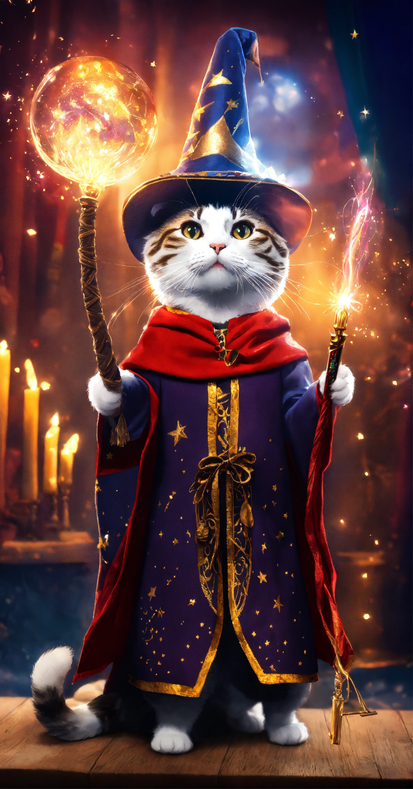 Lexica - Create an image of a cat dressed as a wizard, holding a grand ...