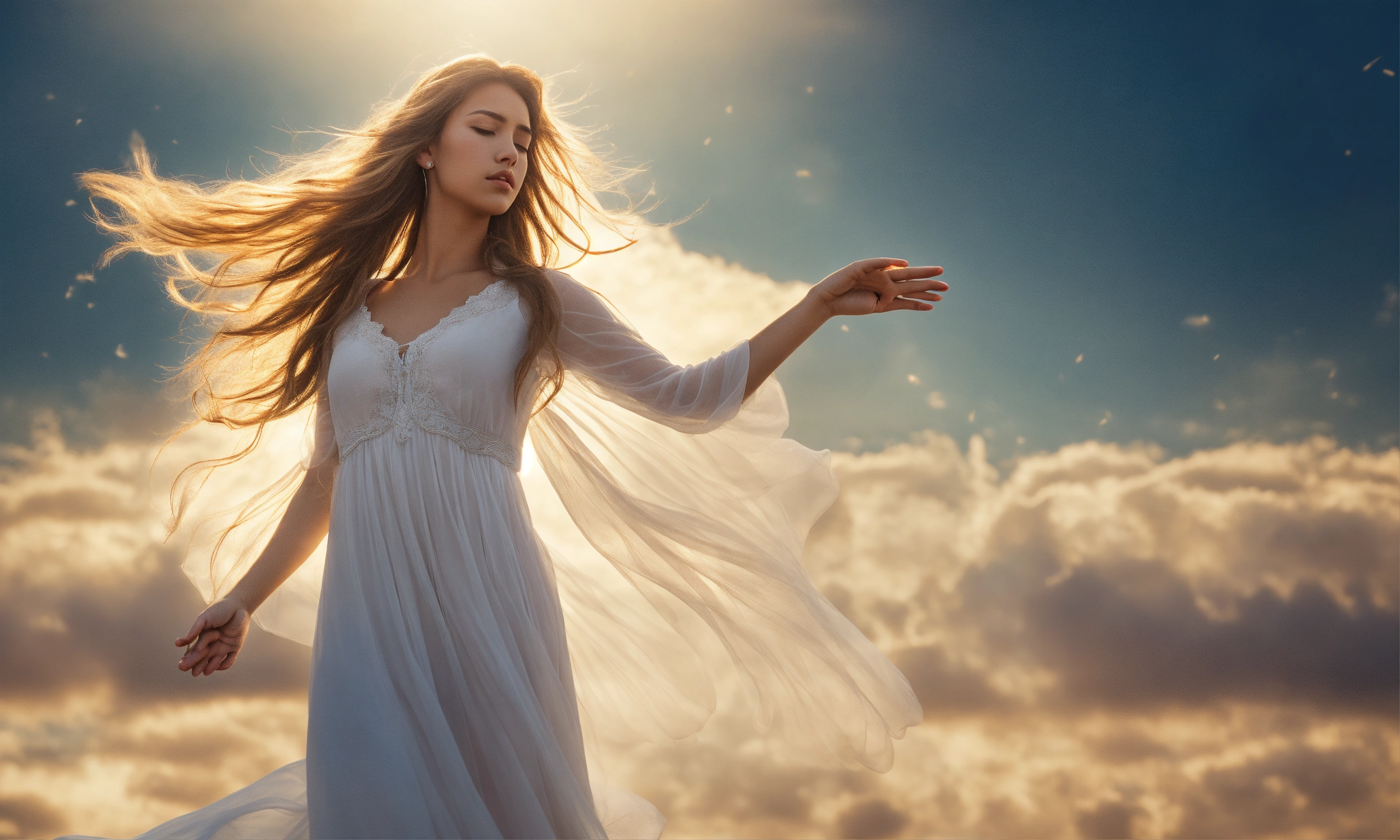 Lexica - A female angel, long hair with breezy white dress hovering mid air  with praying hands