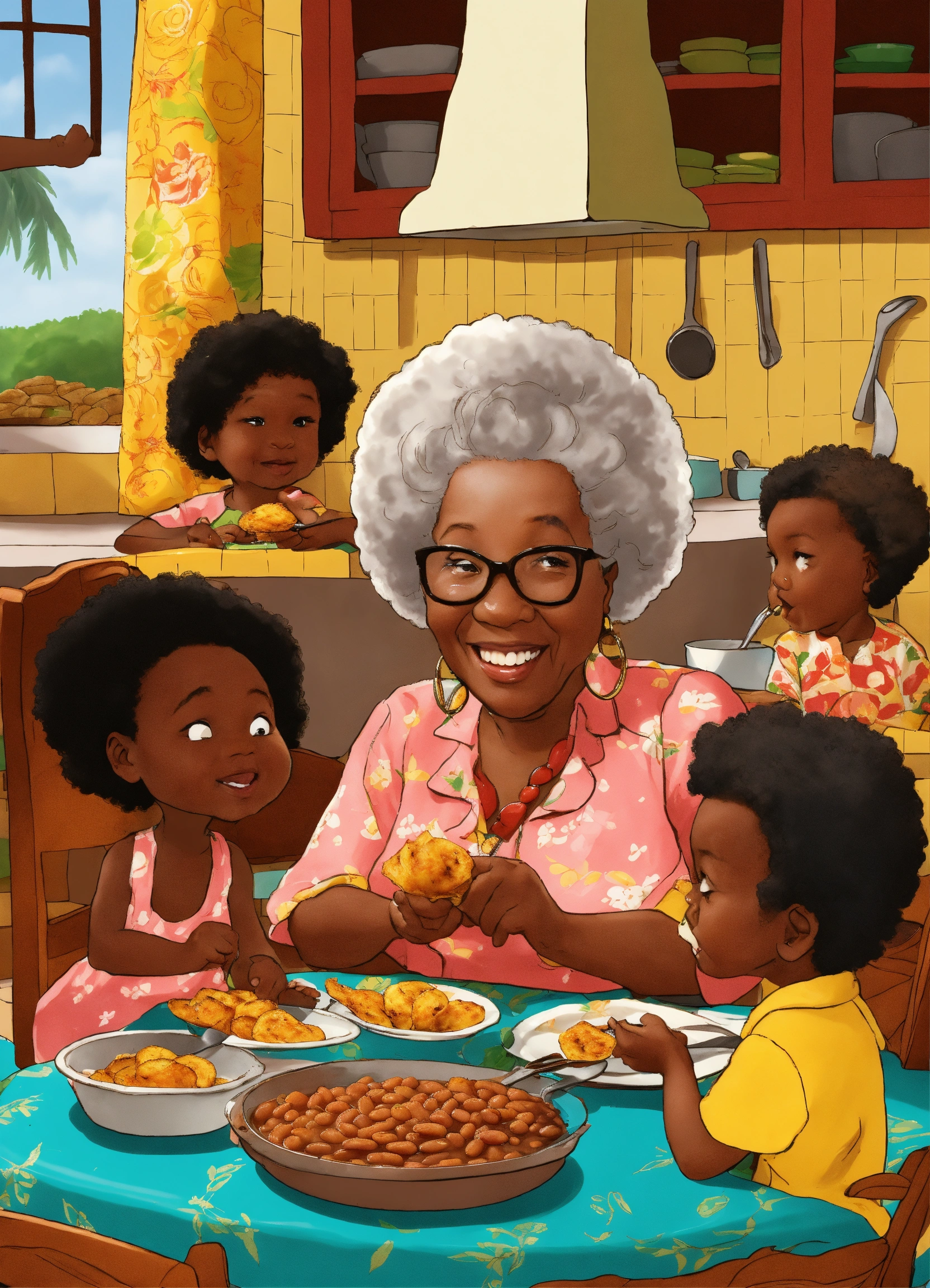 Lexica A cartoon of grandma sharing fried plantain, fried dumplings