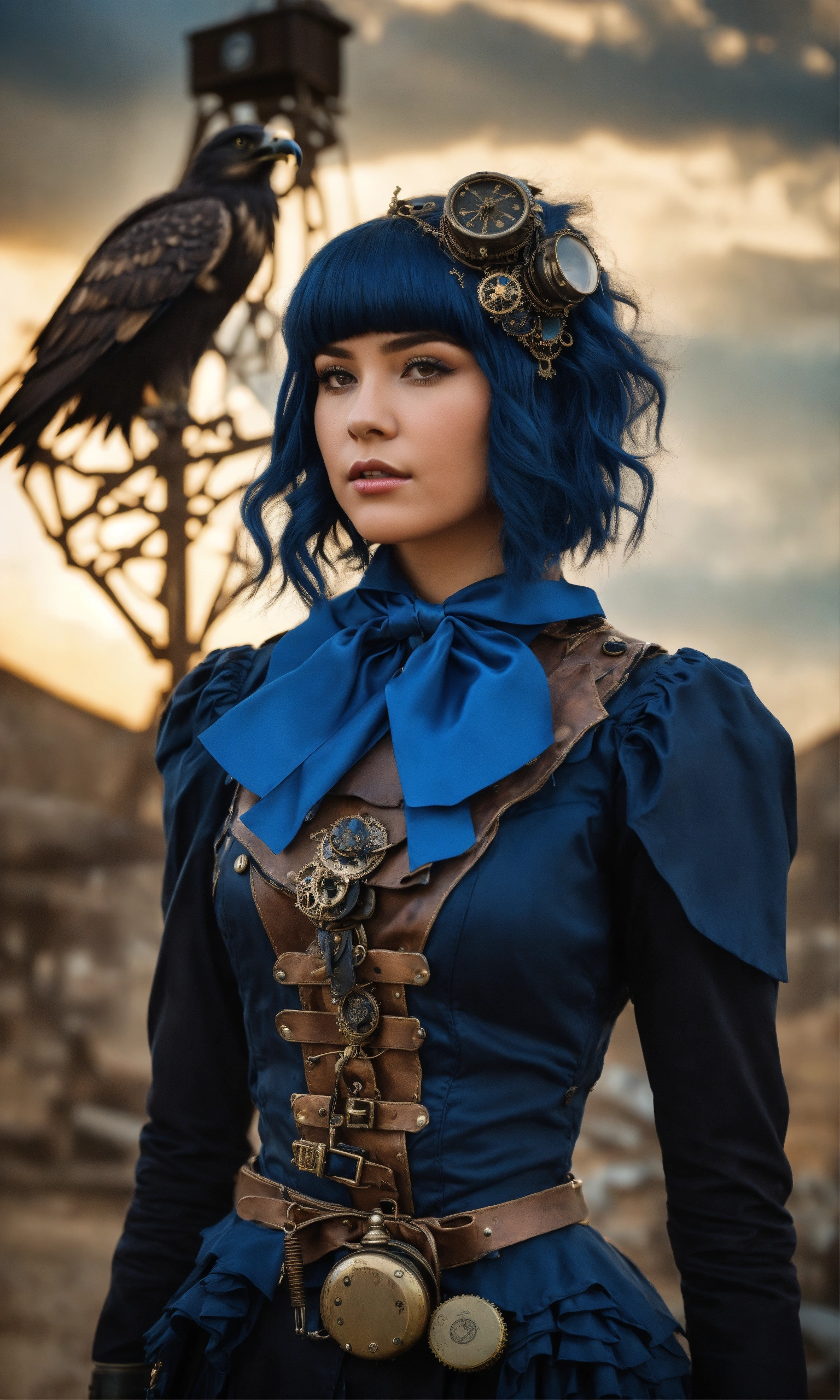 Lexica - A young woman with dark blue bob hair with a steampunk bow and ...