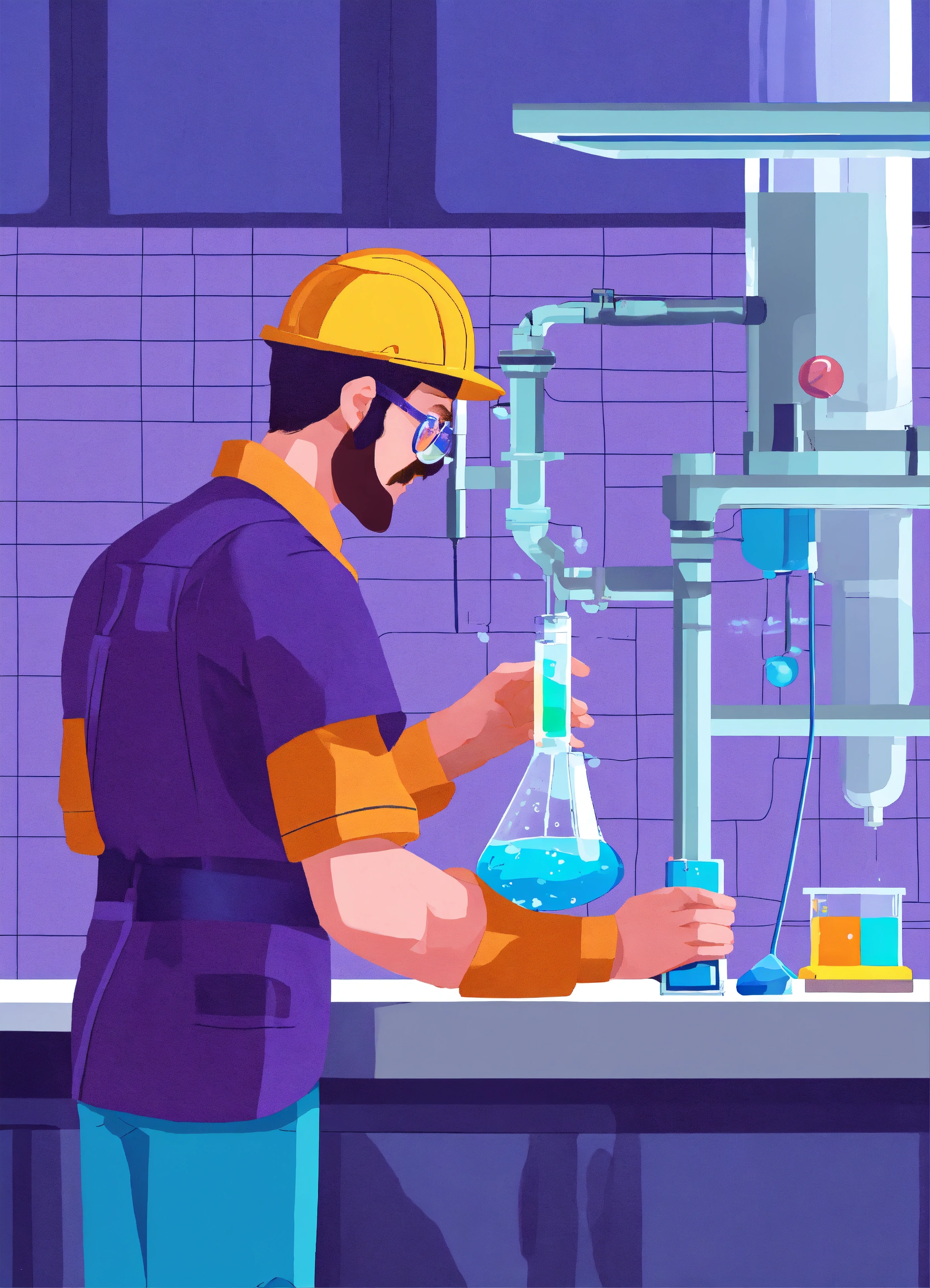 Lexica Purple color plumber person testing the water using a water