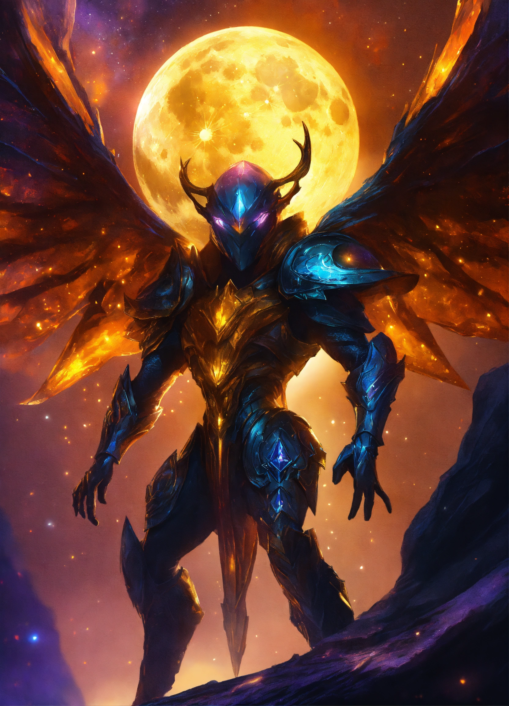 Lexica - A menacing alien entity with crystal armor flying, moonlit ...