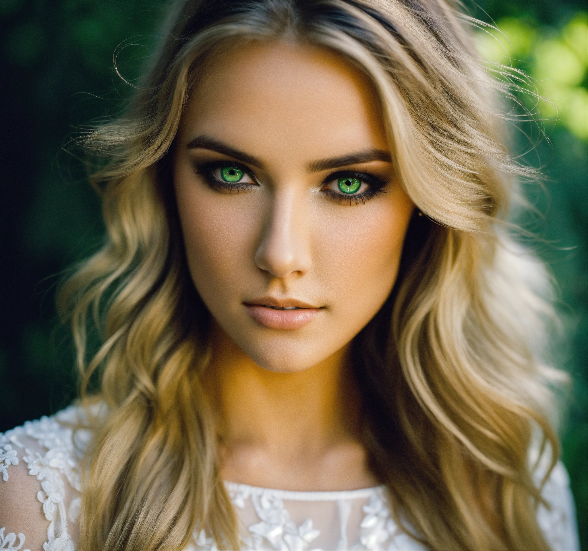 Lexica - Beautiful woman with long blonde-brown hair, light green eyes,  heavy black eyeshadow, wearing a white dress, image size:2048x1920