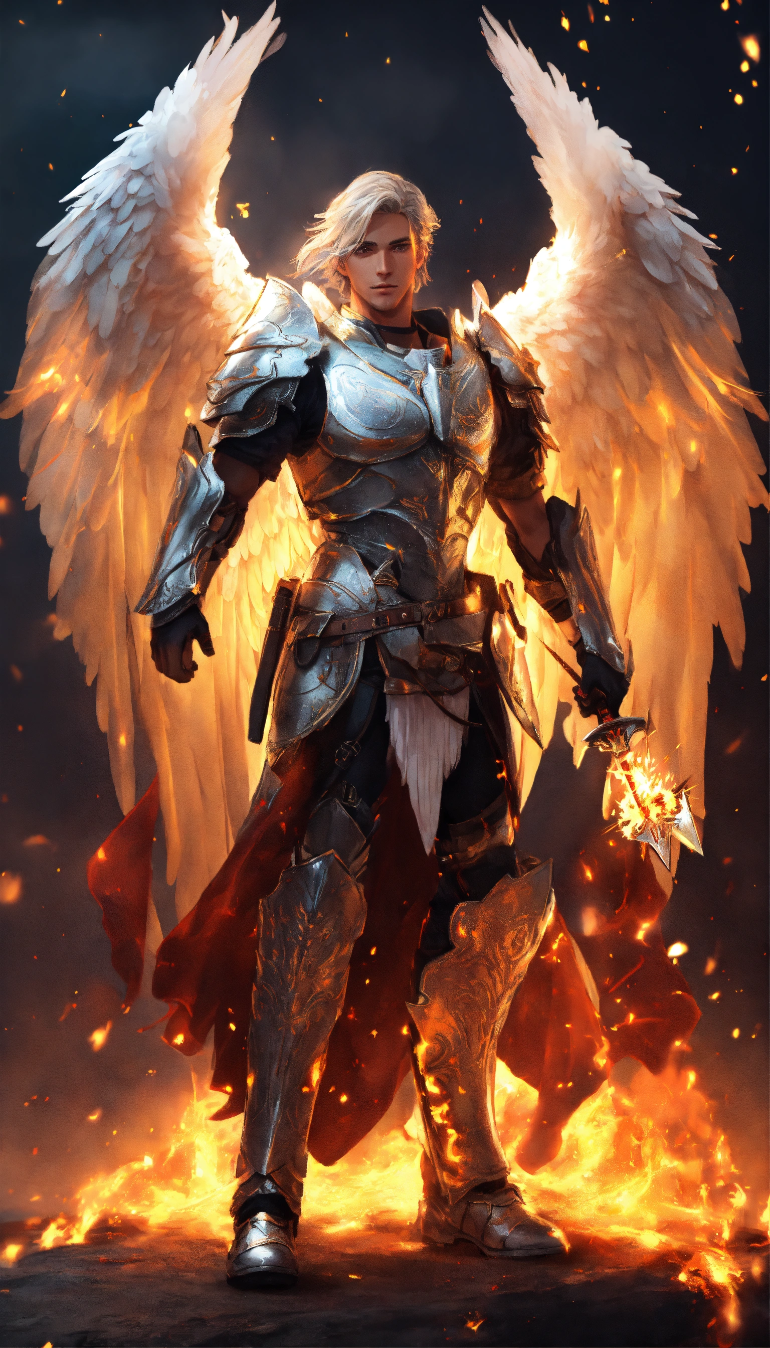 Lexica - Male Angel in body armor with flaming swords and white wings ...