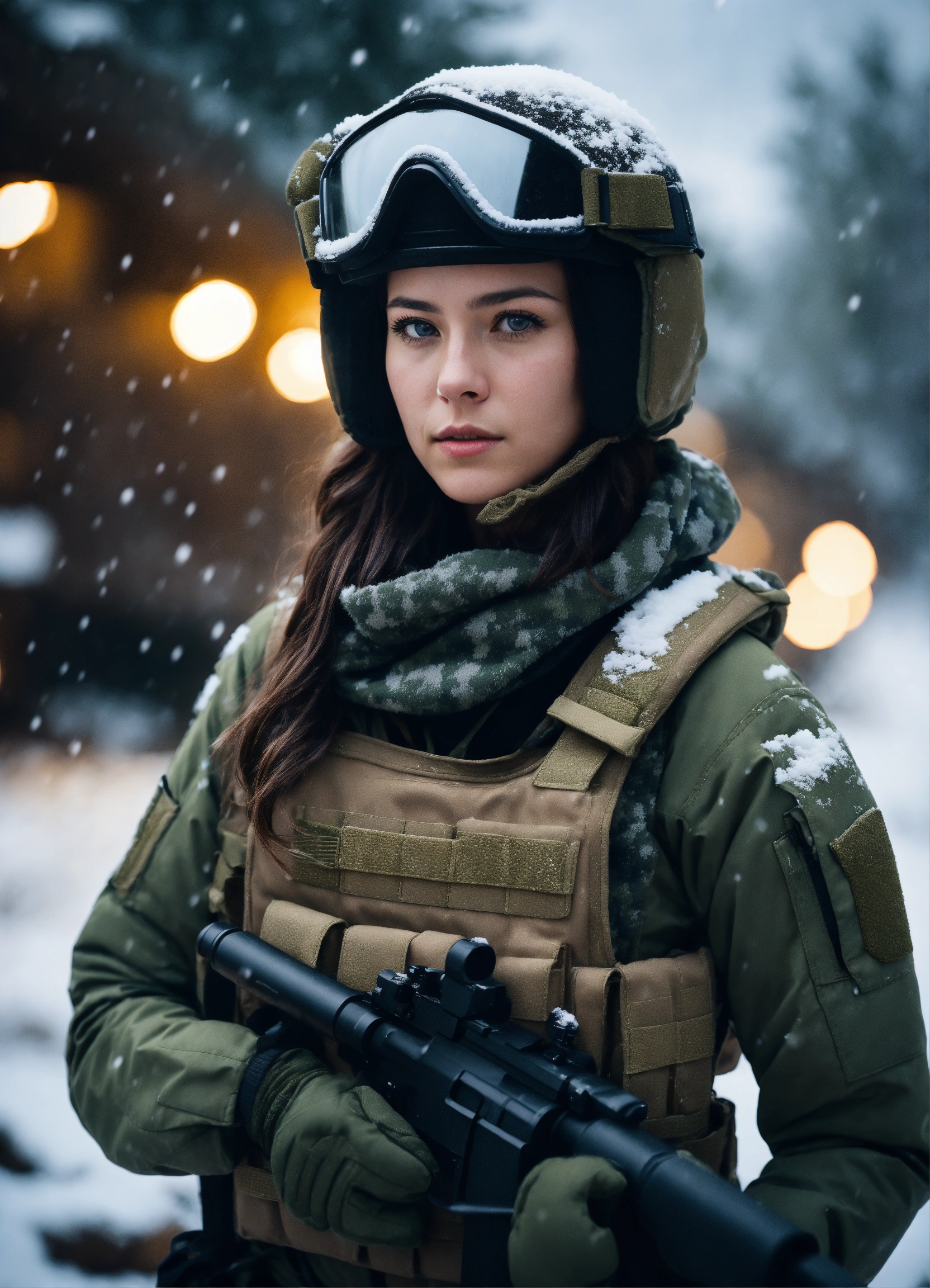 Lexica - A beautiful brunette pilot girl, wearing winter camo military ...