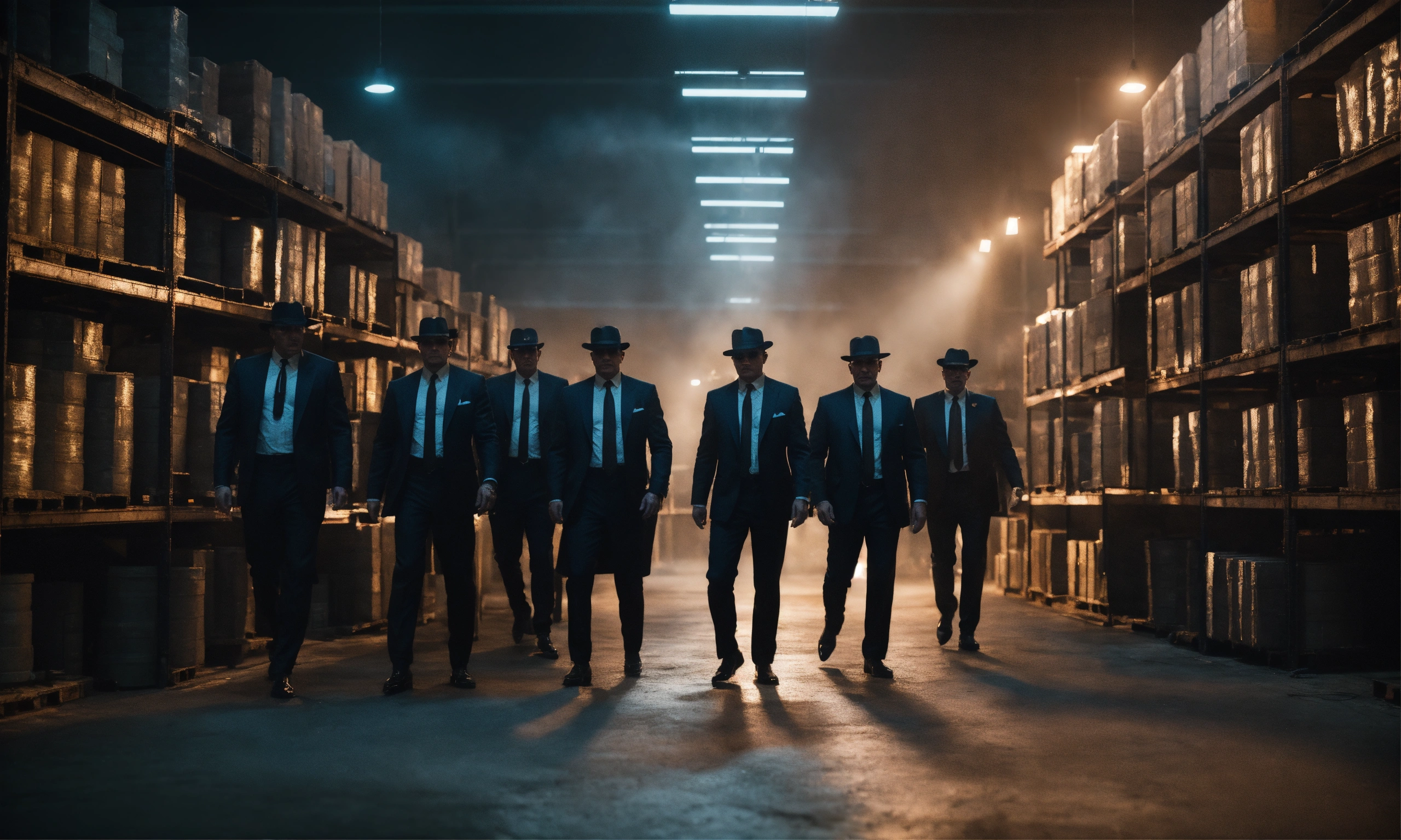 Lexica - Group of mafia gangster members in dark warehouse, smoky mood ...