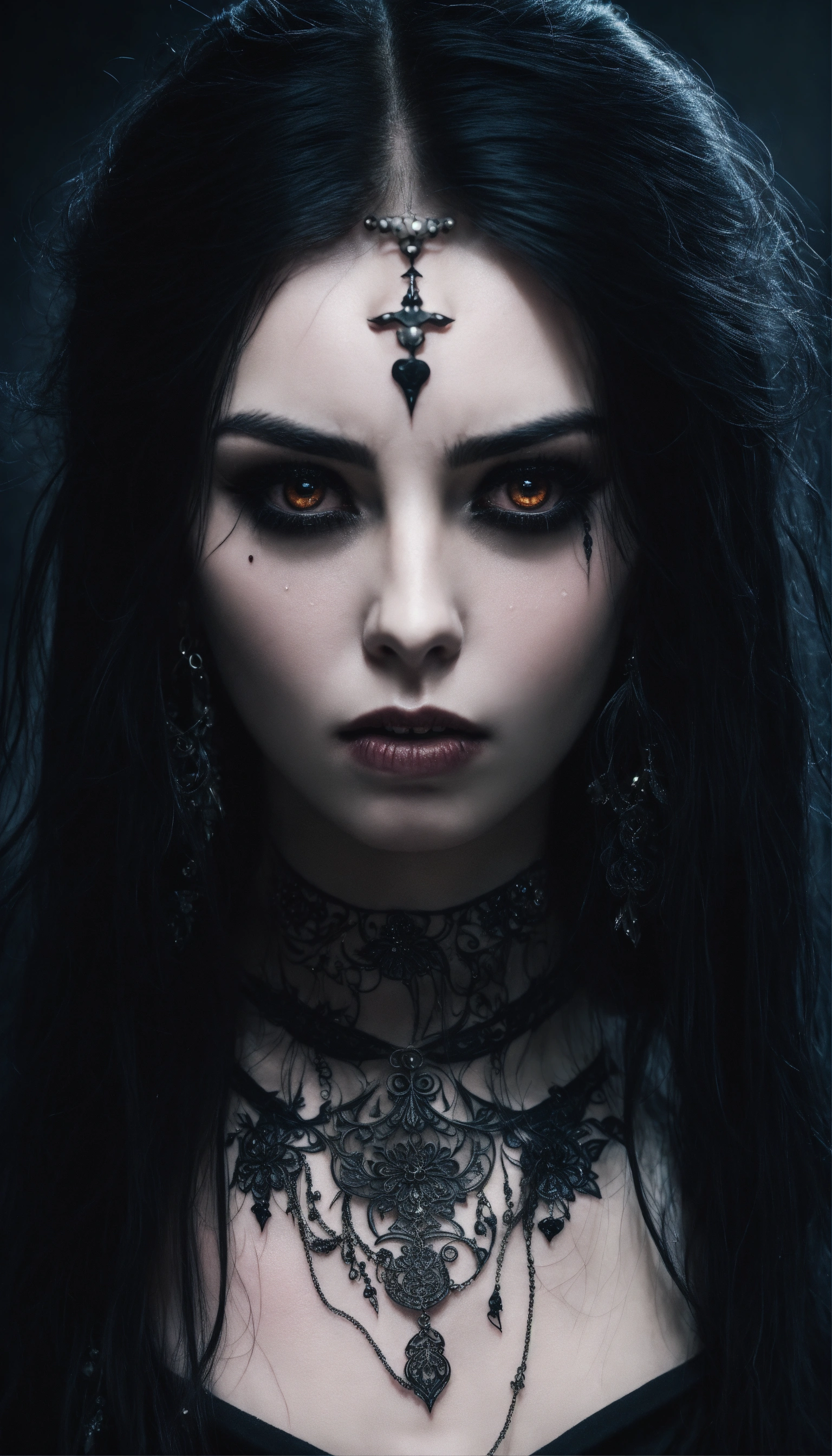Lexica - A scary girl, close up face, pale skin, long crazy black hair ...