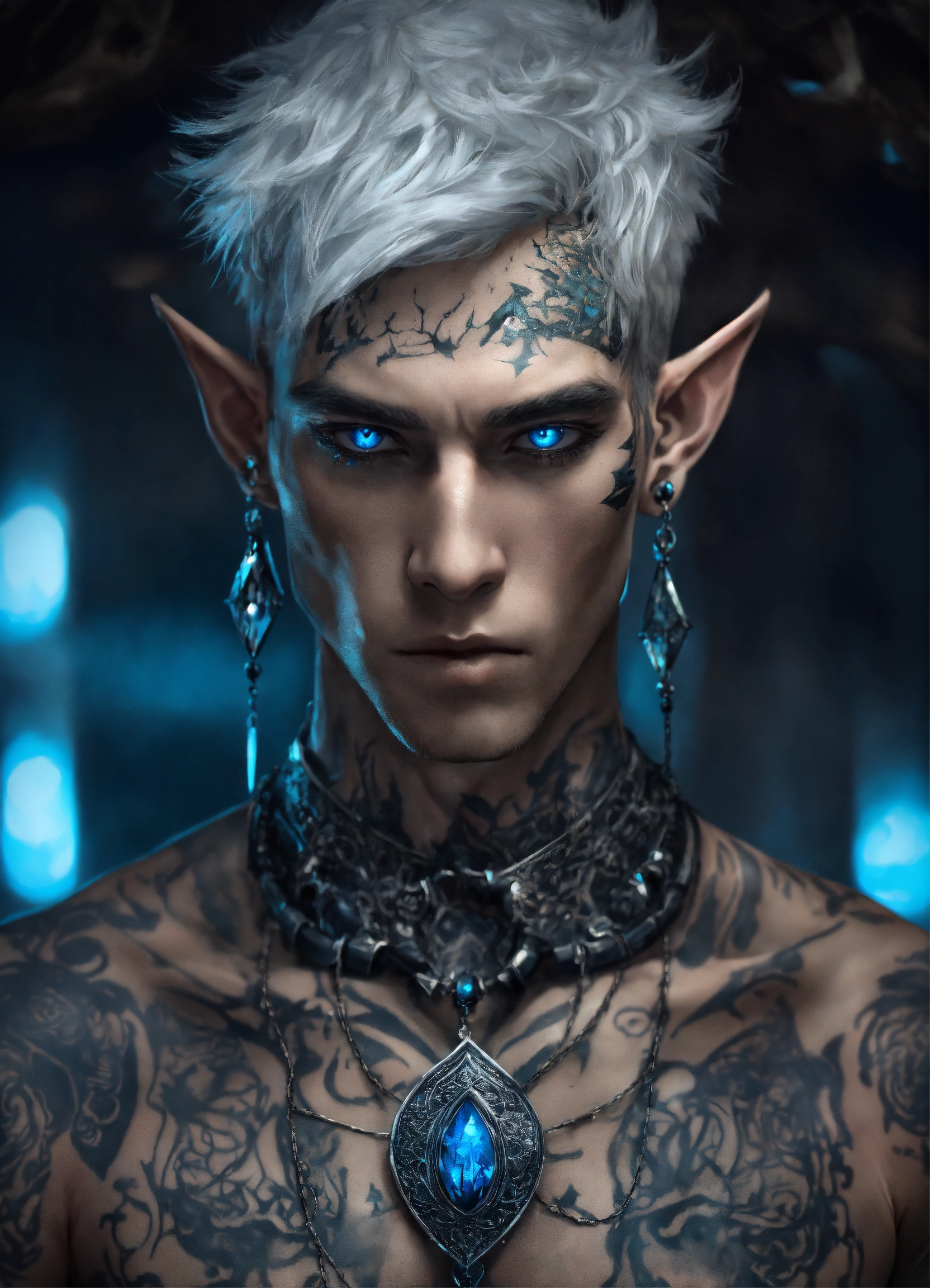 Lexica - Fantasy torso shot of a tatooed male elf, sickly thin, gaunt ...