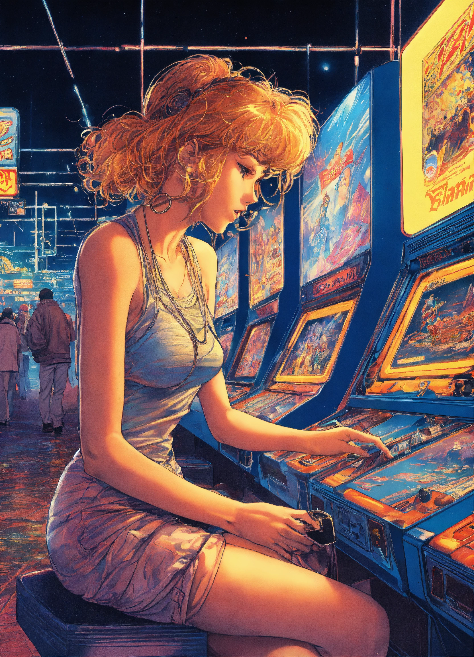 Lexica - Vintage 90's anime style, chaotic arcade at night, a woman ...
