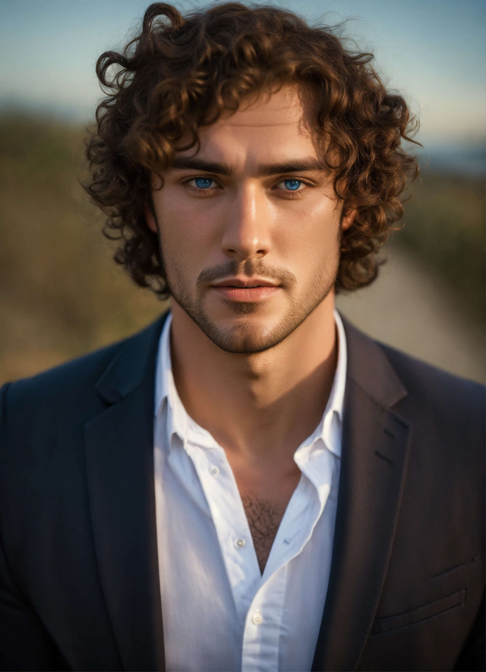 Lexica - Very handsome man, blue eyes, brown curly hair, courageous, count