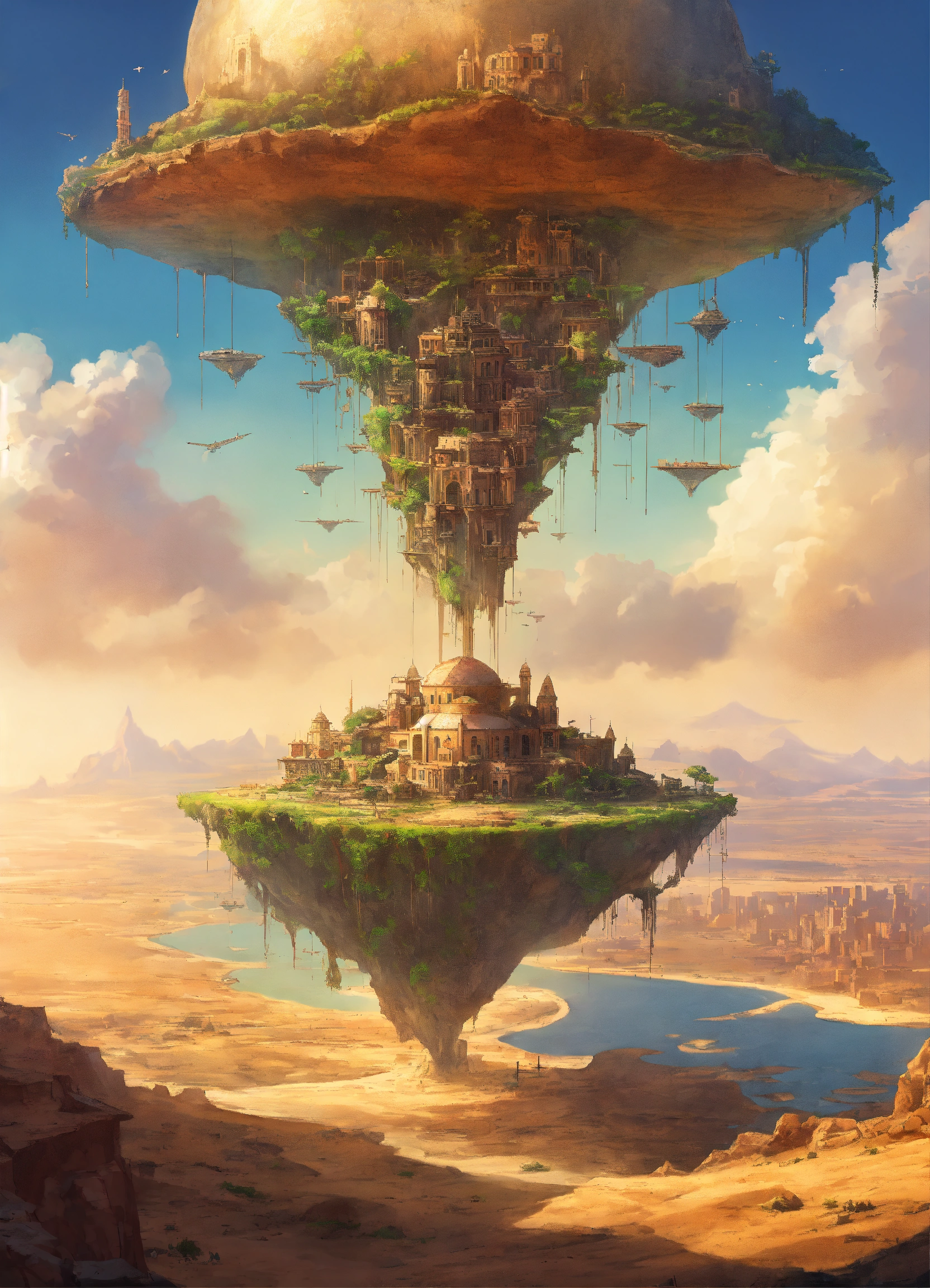 Lexica - A flying island with a city on top in the middle of the desert ...