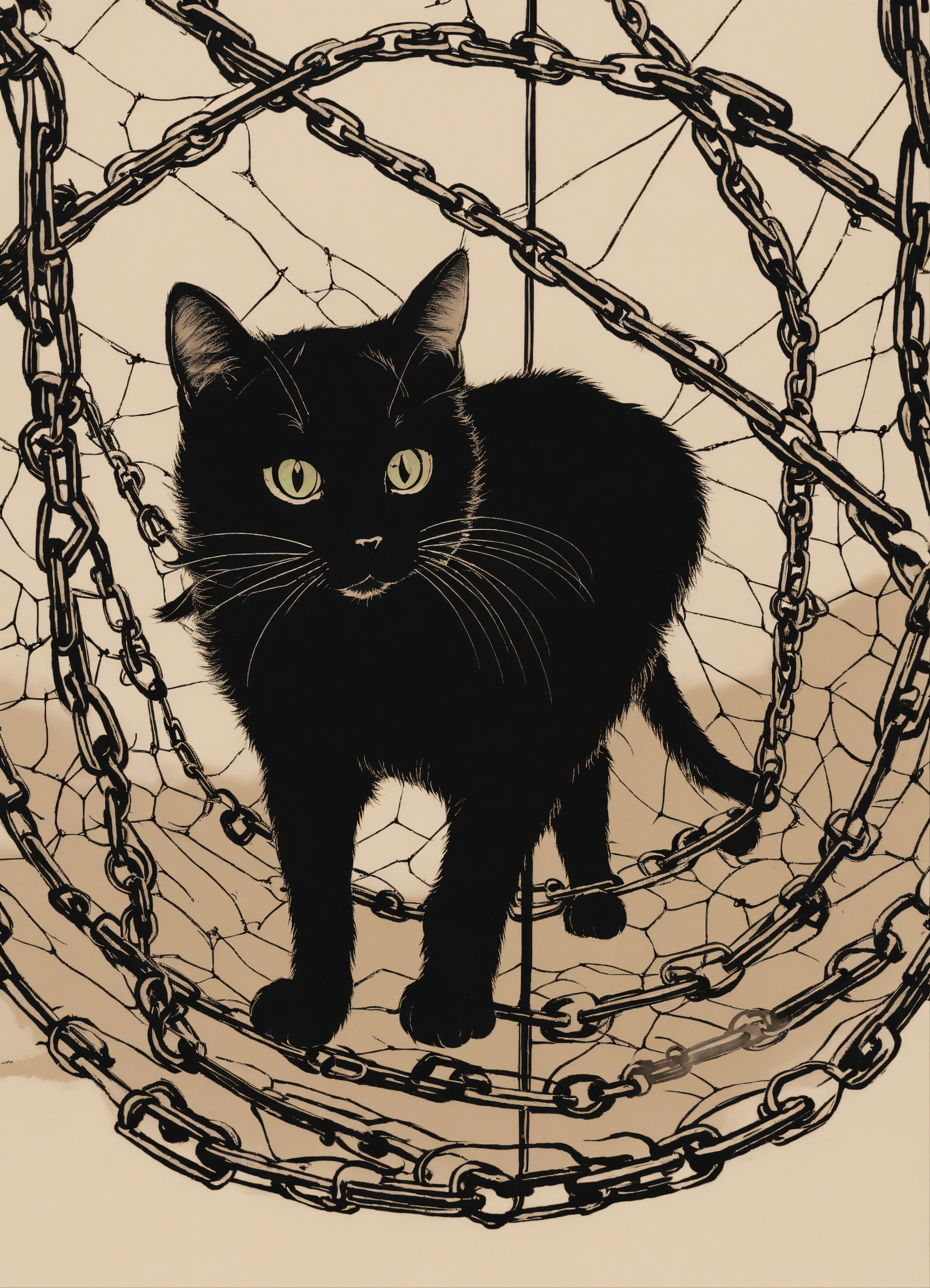 Lexica - A cat in a web of chains in the style of Japanese ink drawing