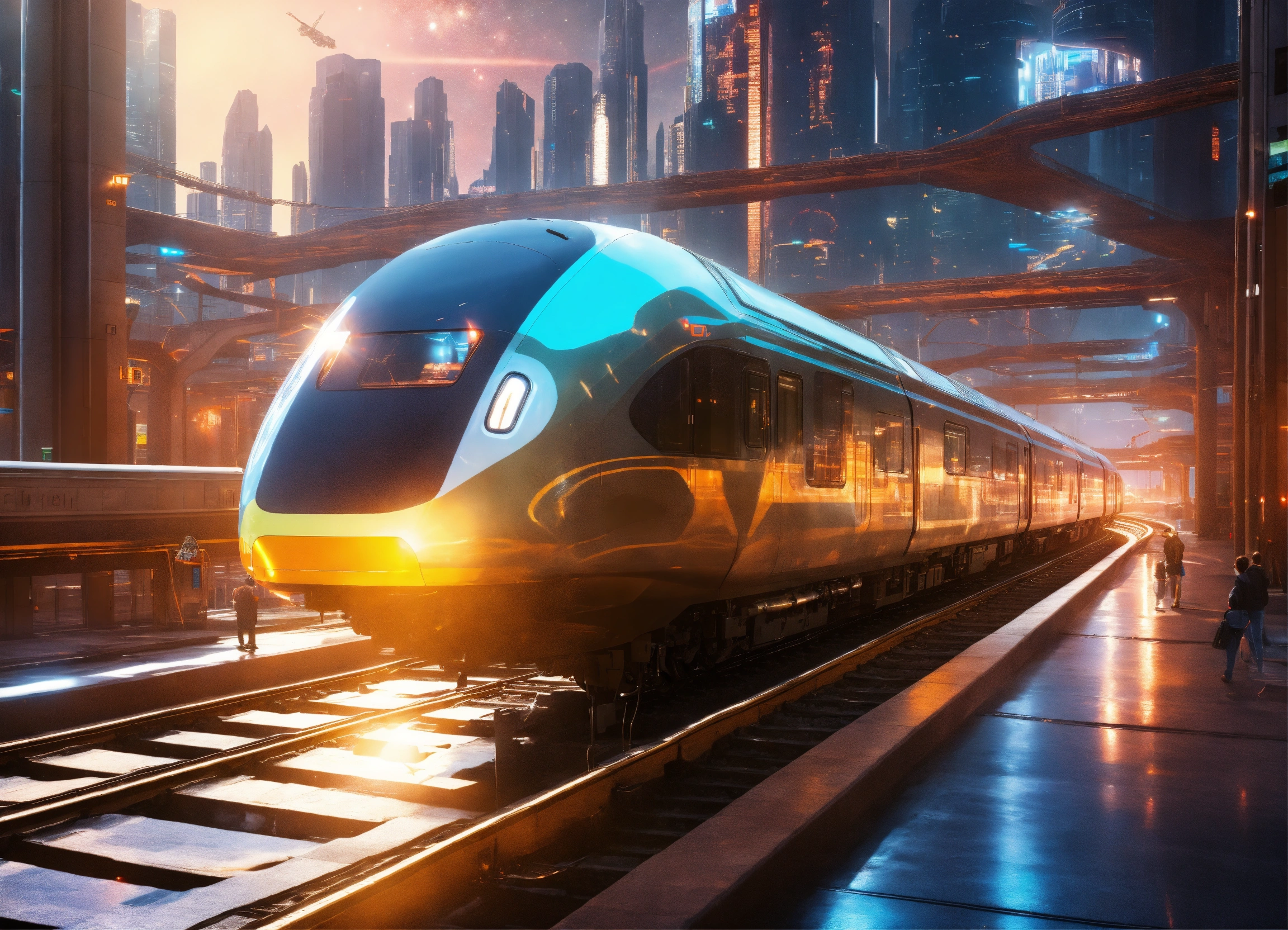 Lexica - Future train running in a near-future city in cosmic space ...