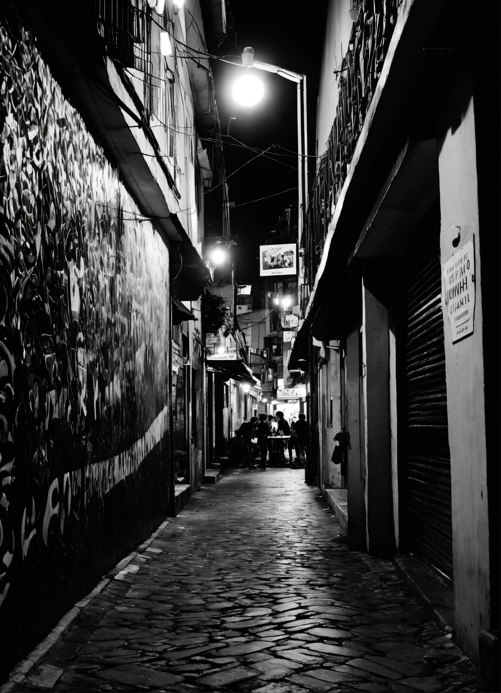 Lexica - Fotografia de um bar de rua em preto e branco de uma noite ...