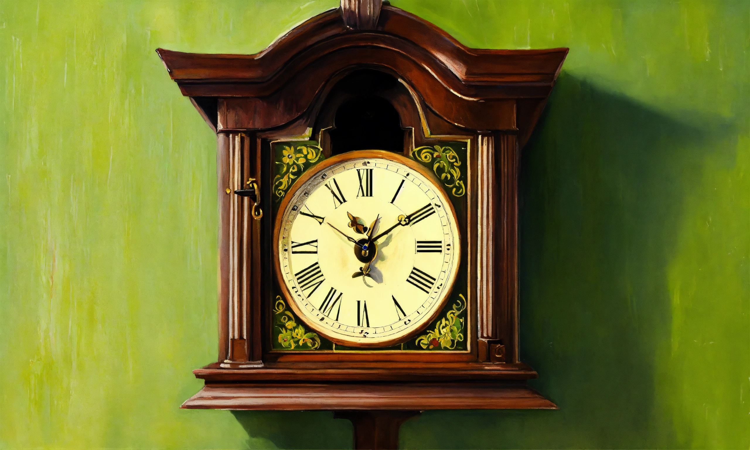 Lexica An oil painting of old cuckoo clock on a light green wall. The