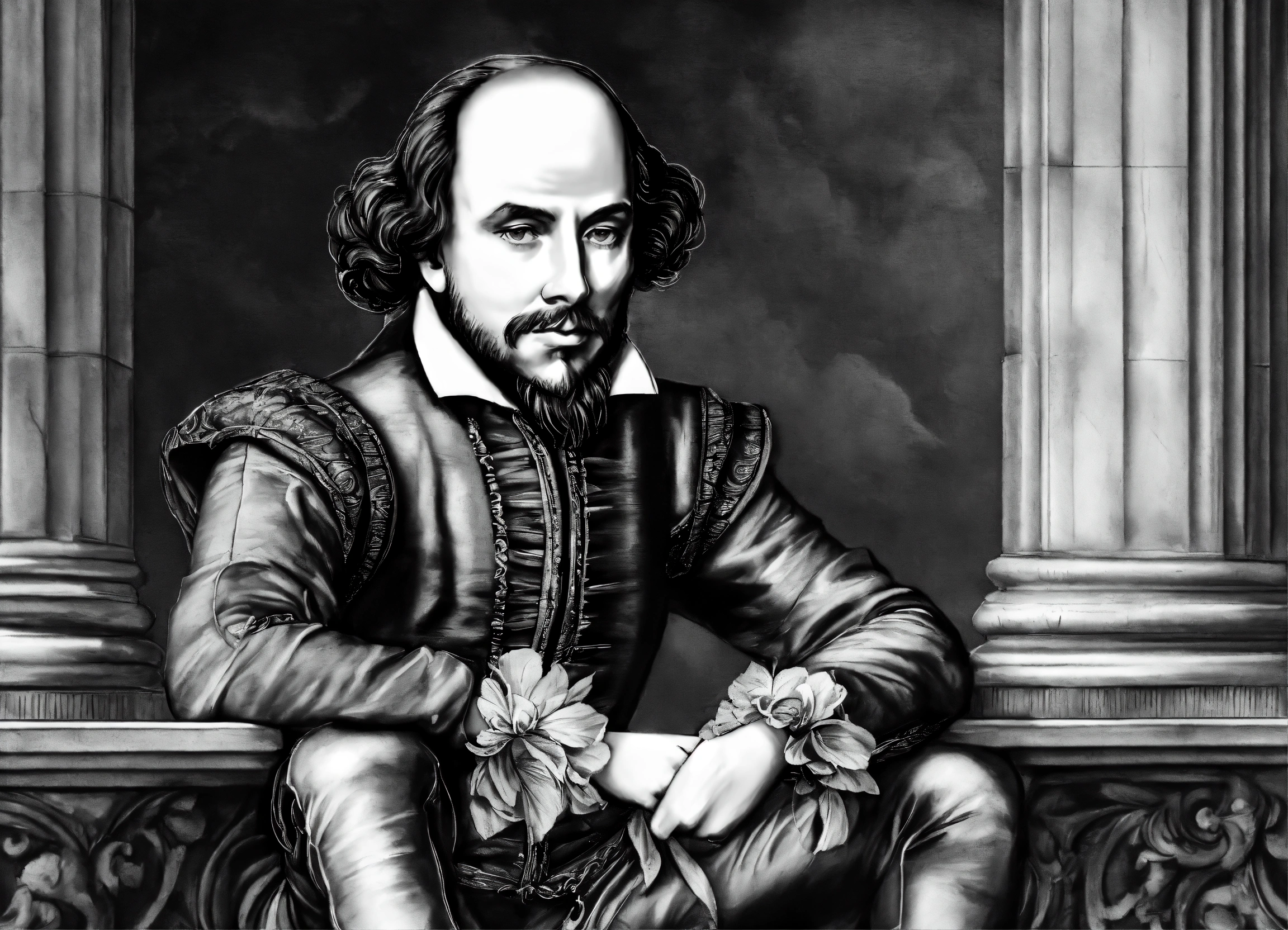 Lexica William Shakespeare sitting on a wall in greyscale, blank ink