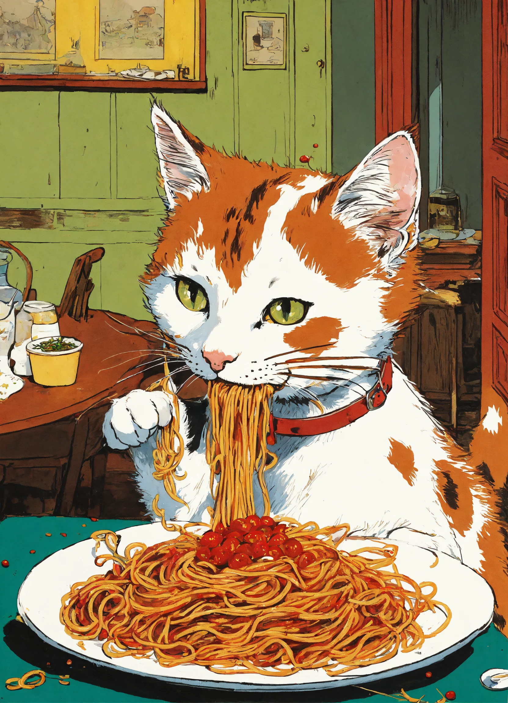 Lexica - A cute white with brown spots cat eating messy spaghetti with ...