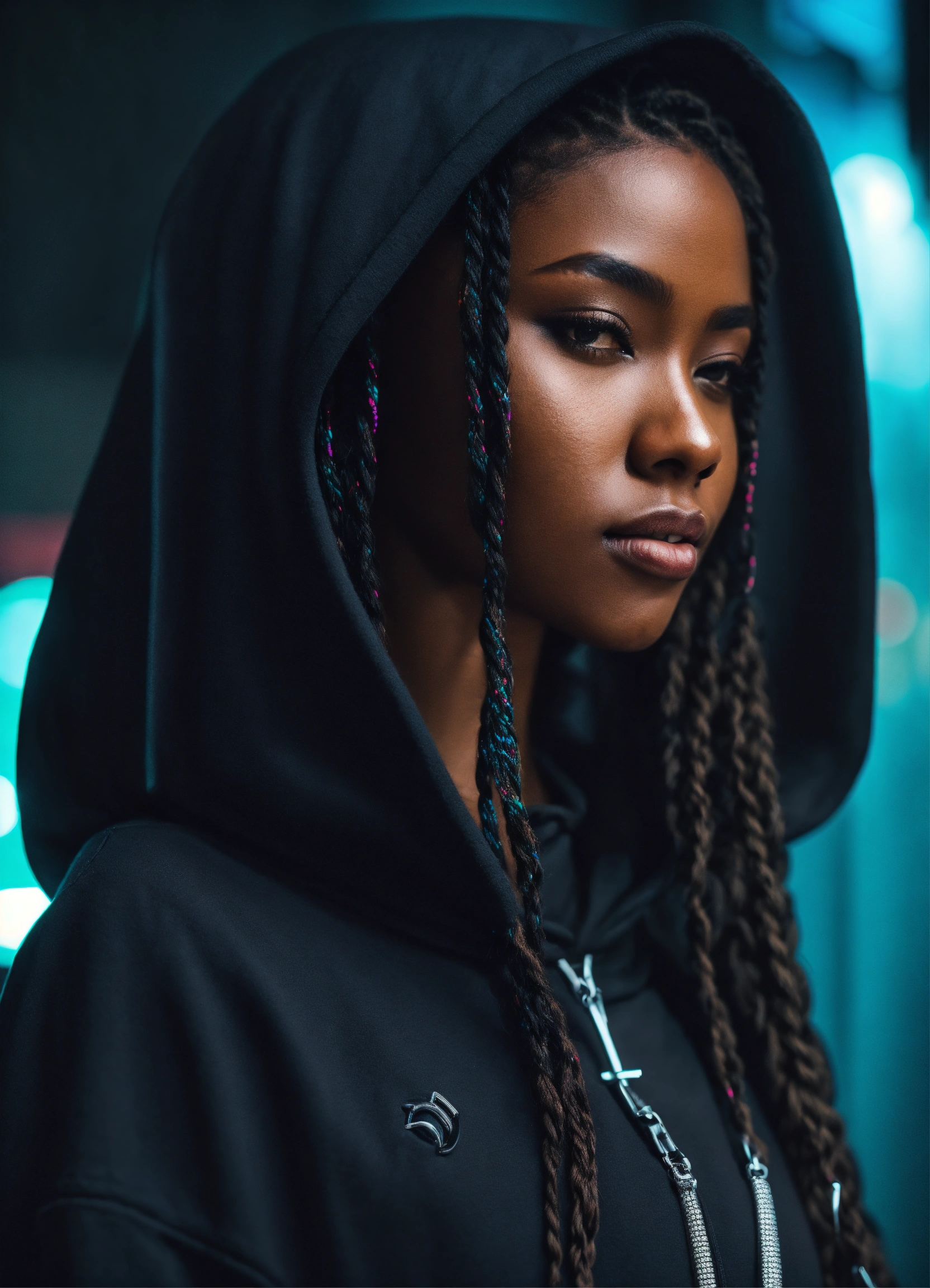 Lexica Brown skin, ebony hair, twists, cyberpunk, black hoodie, woman
