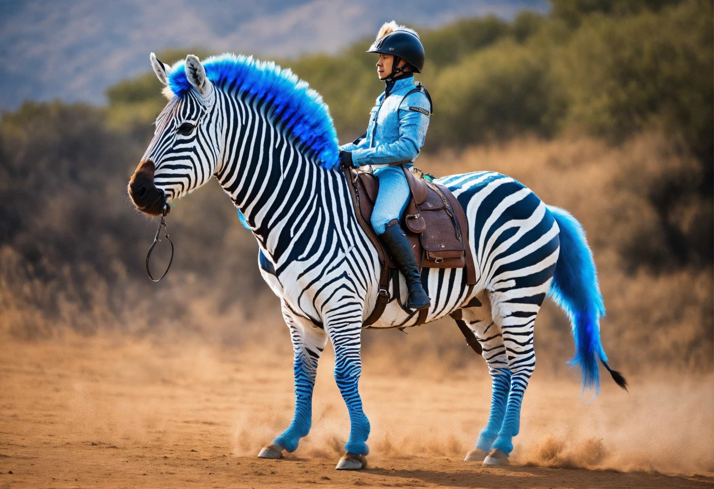 Lexica - Zebra with riding gear, with a mane and tail of blue flame
