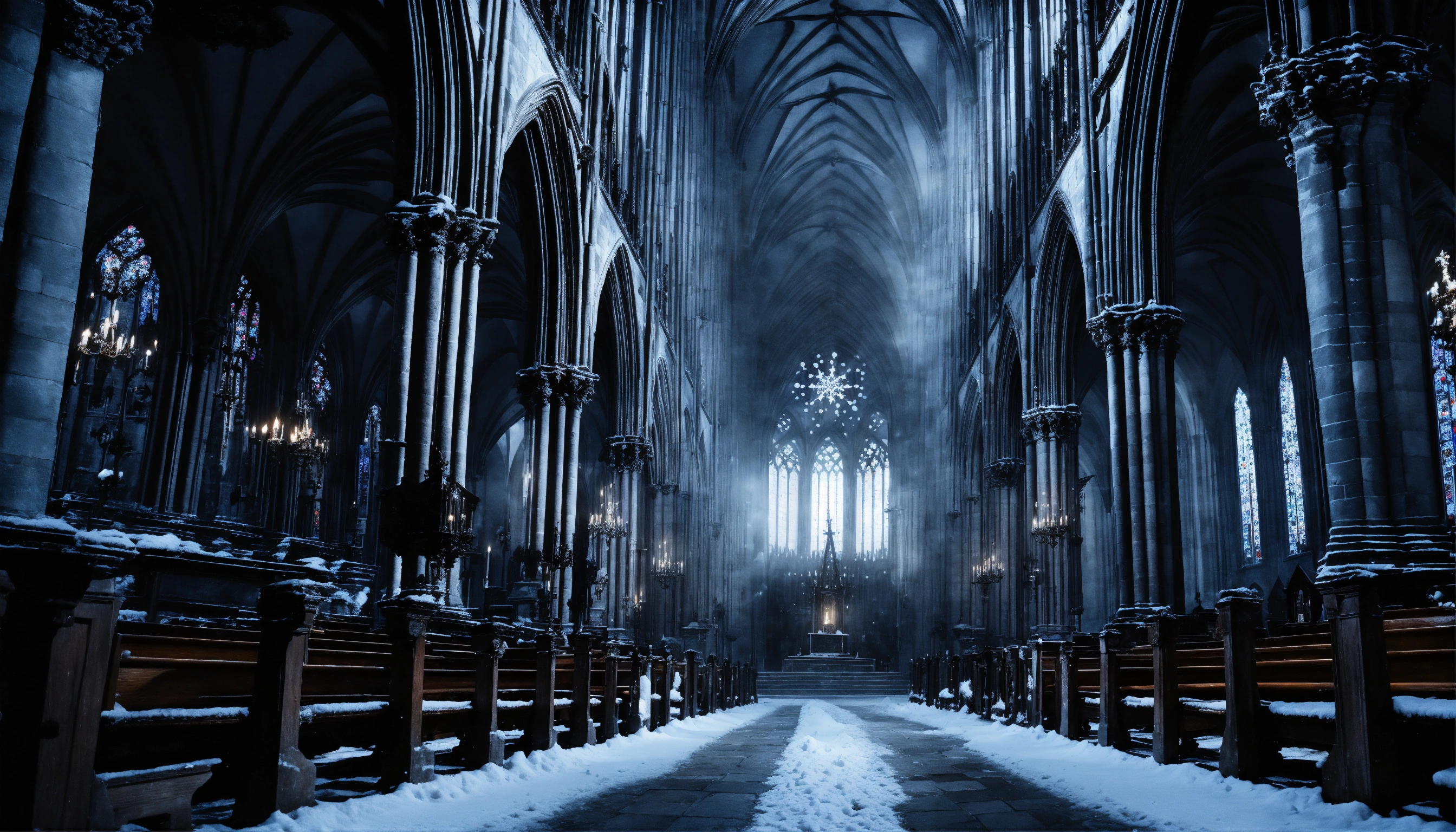 Lexica - Inside a dark gothic cathedral, deep blue, snow falling