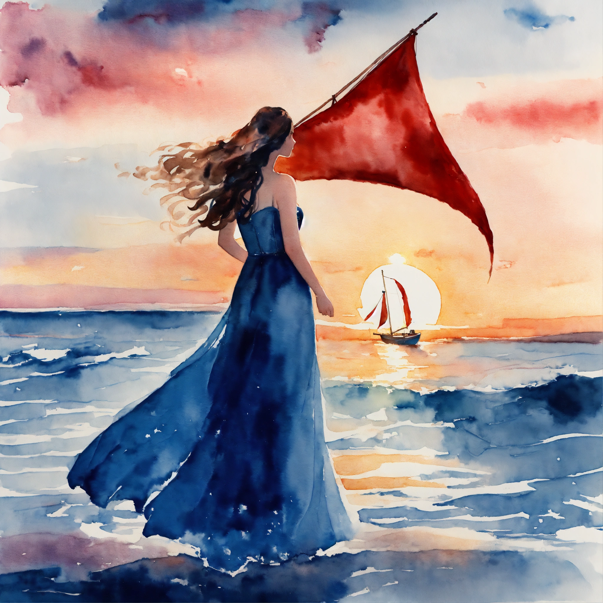 Lexica - Watercolor picture of a woman in long romantic blue dress ...