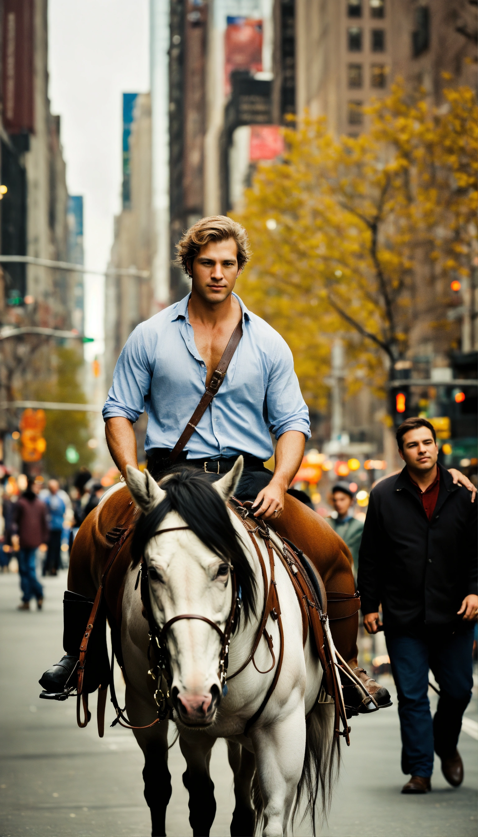 Lexica - Realistic photo of a white-skinned man riding a horse in the ...