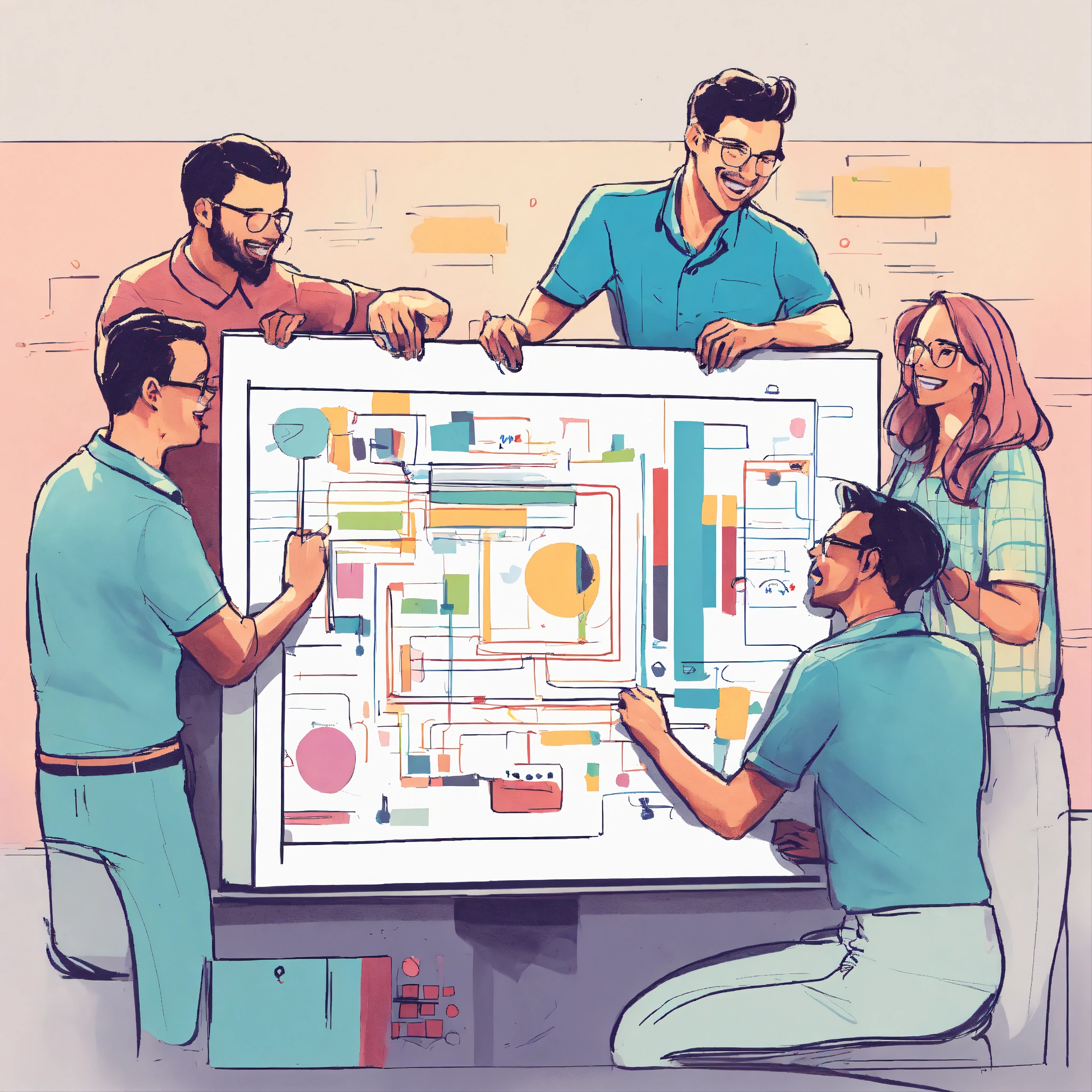 Lexica - Very simple drawing of happy colleagues collaborating behind a ...