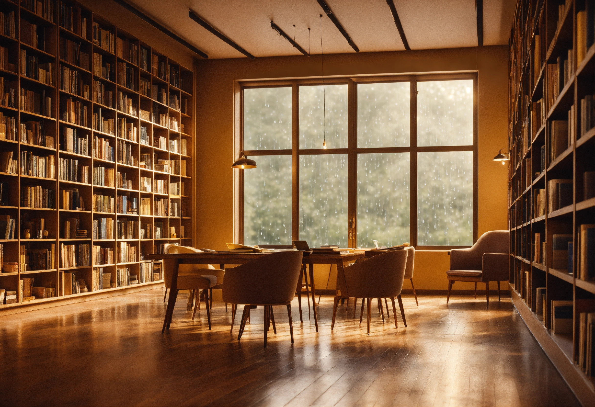 Lexica - A warm modern library interior. It’s raining outside, we can ...