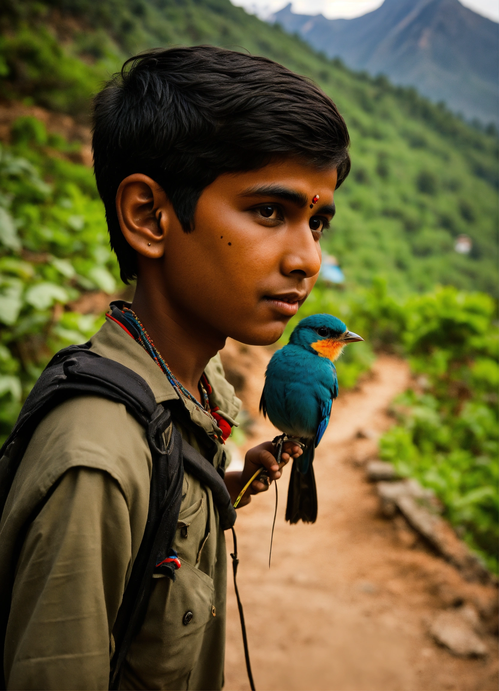 Lexica - A small bird on the shoulder of an indian boy, mountain village