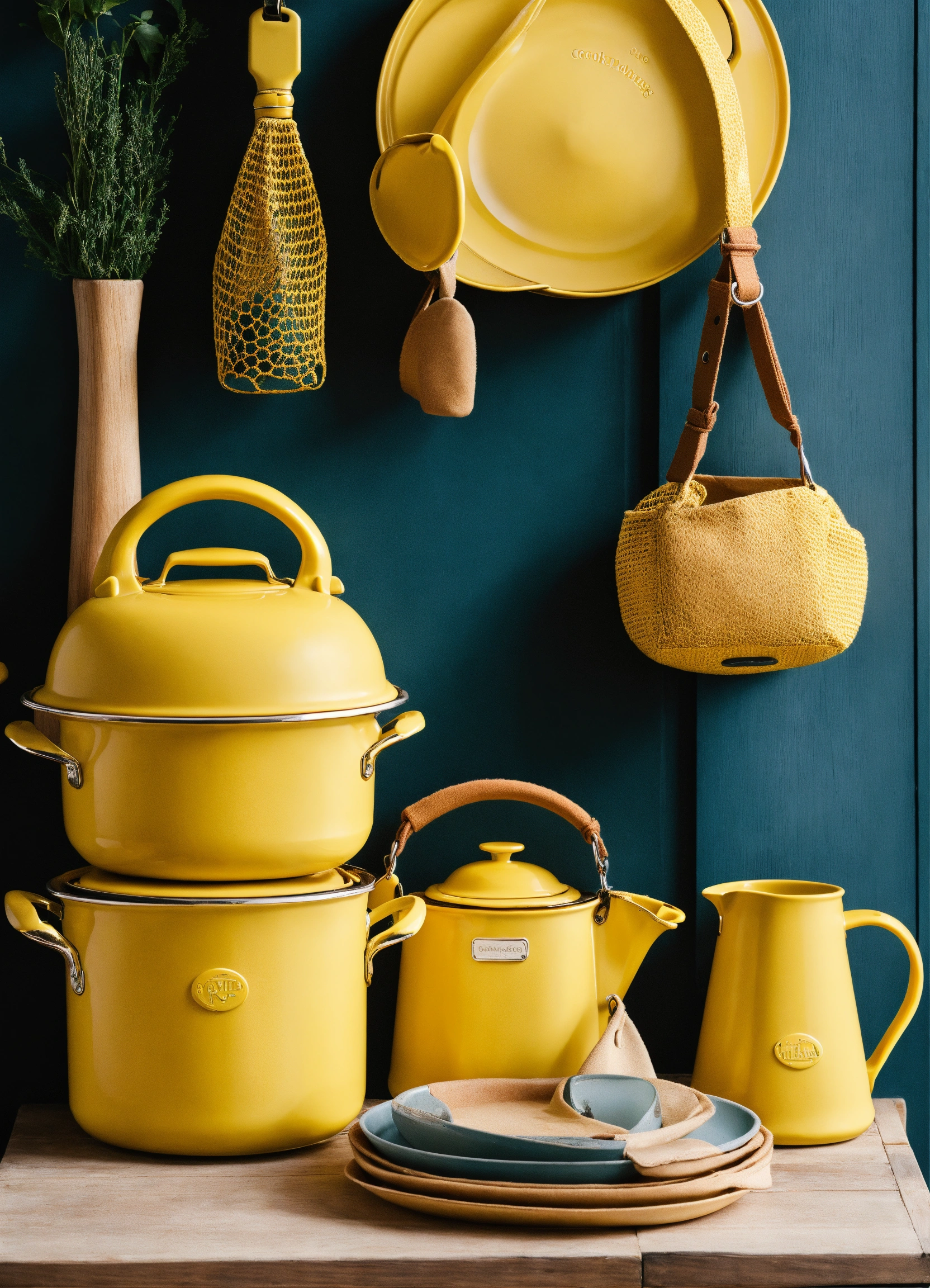 Lexica - Different elements of yellow cookware and a hand bag hanging ...