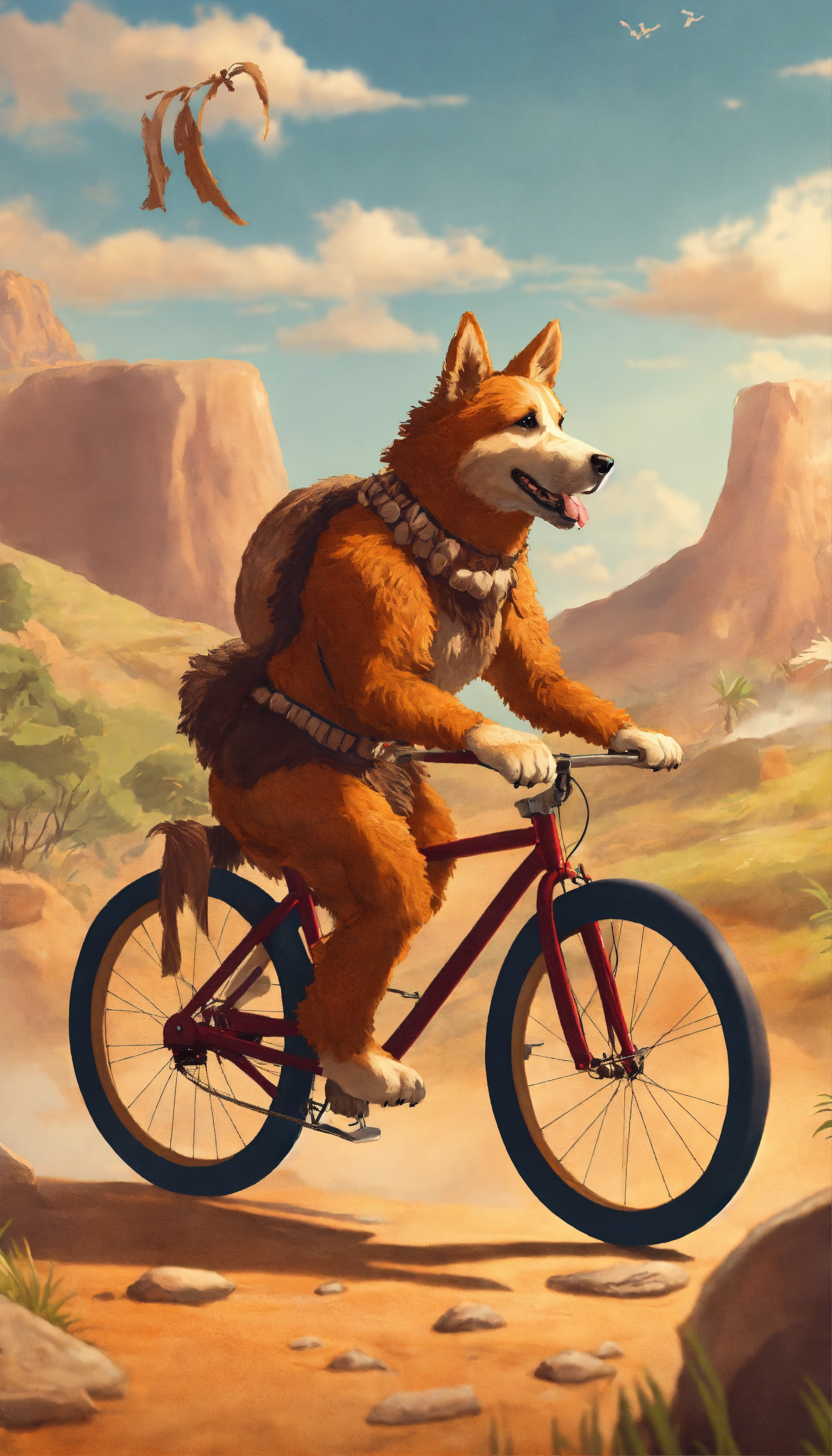 Lexica - Design an image of a dog biking through a prehistoric ...