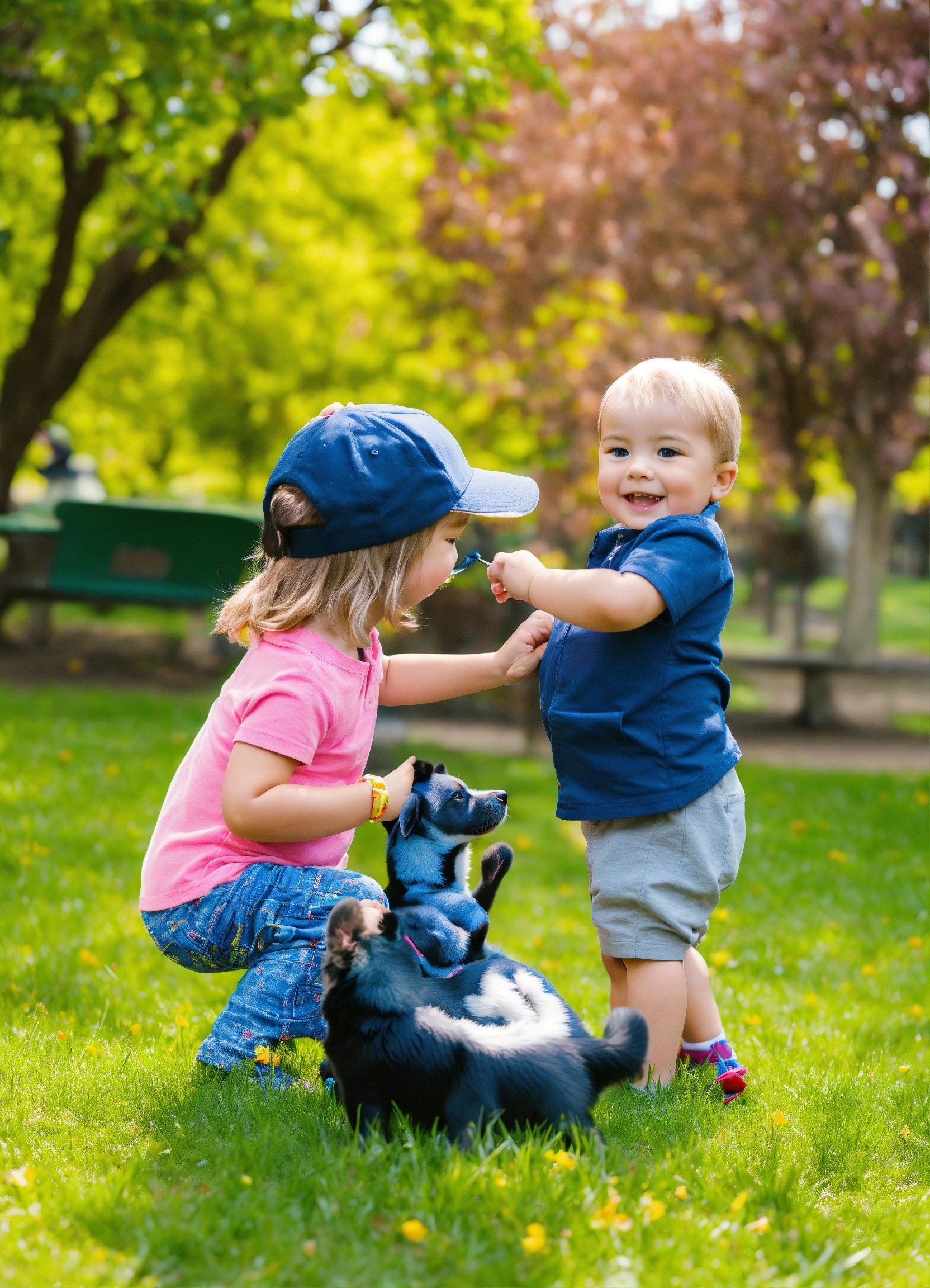 Lexica Lily and Max playing with the puppy in the park
