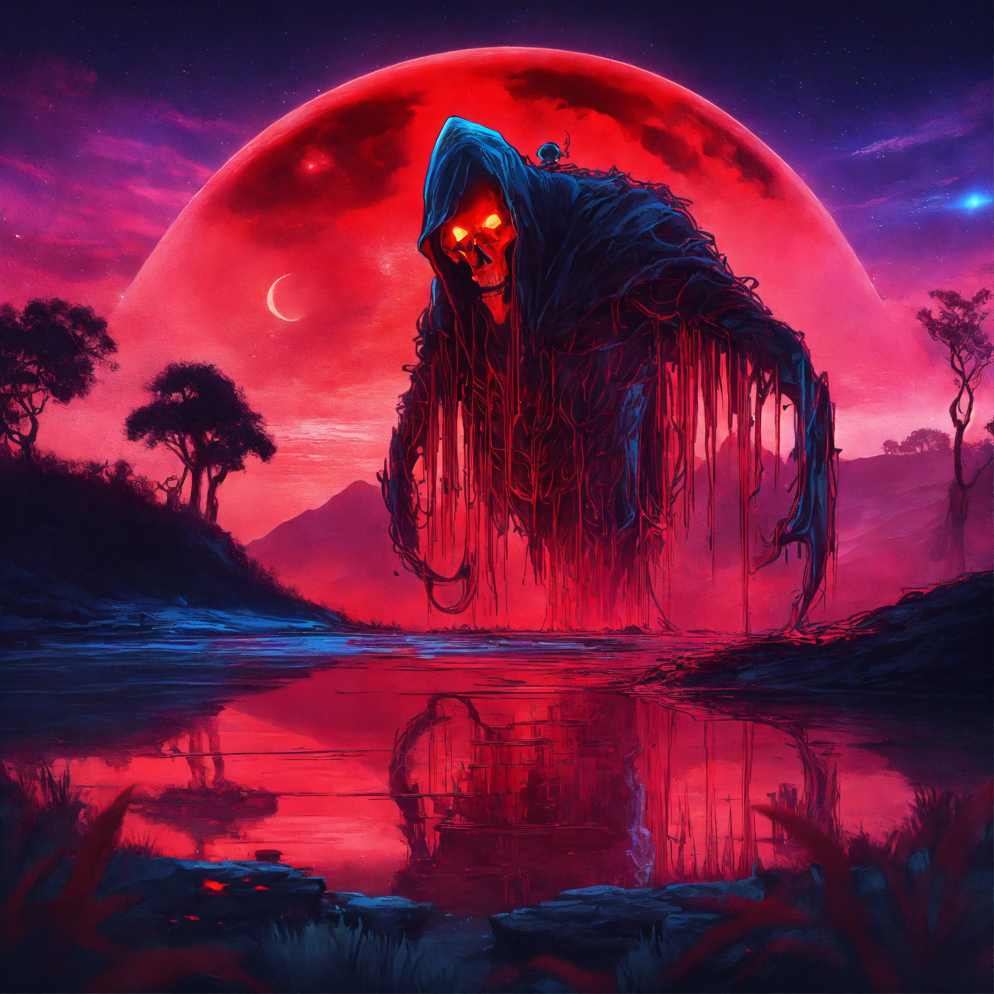 Lexica - Optical illusion bioluminescent transparent giant reaper red ...