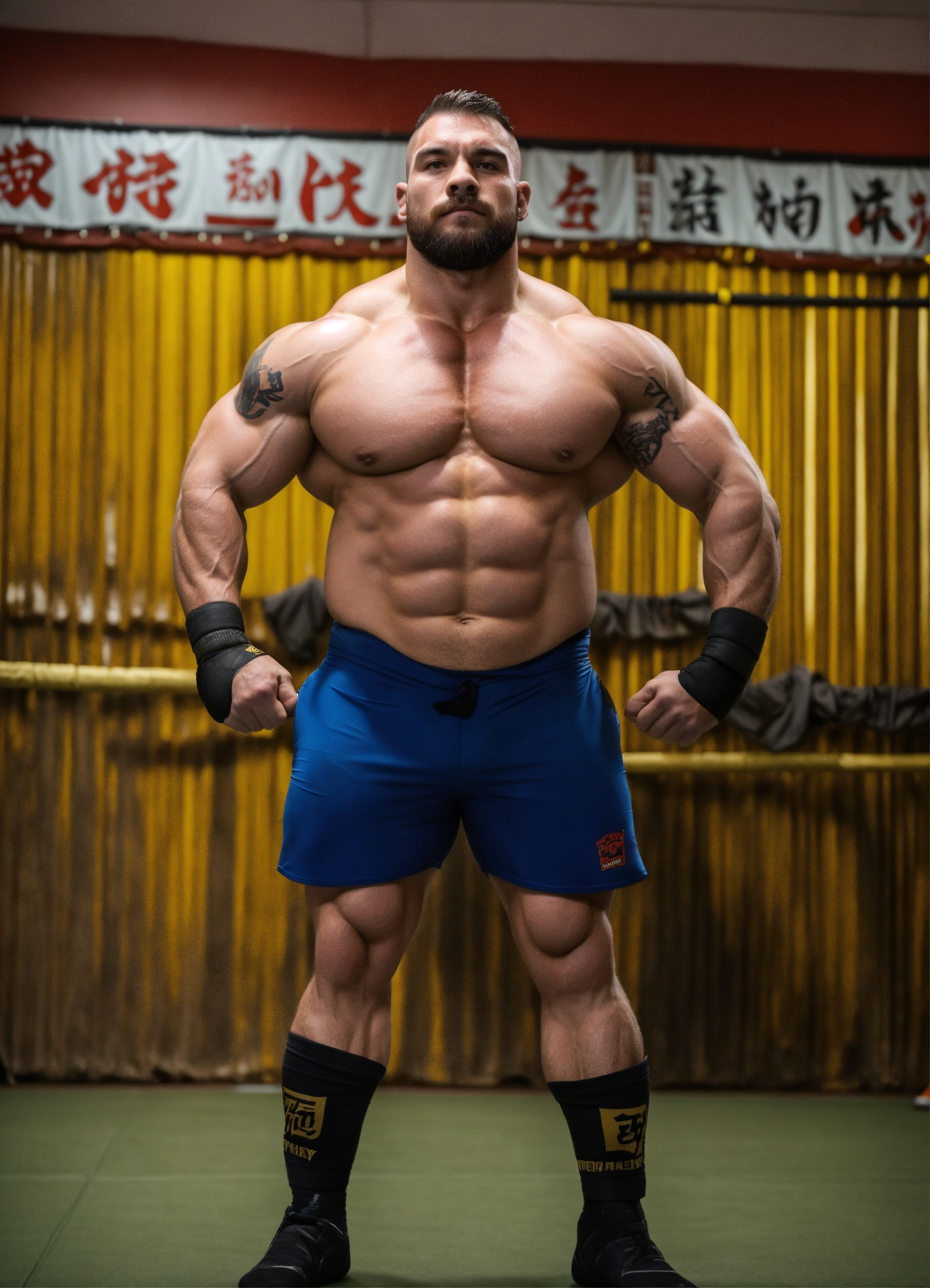 Lexica 30yearold wrestler with big muscles in a dojo, bodybuilder