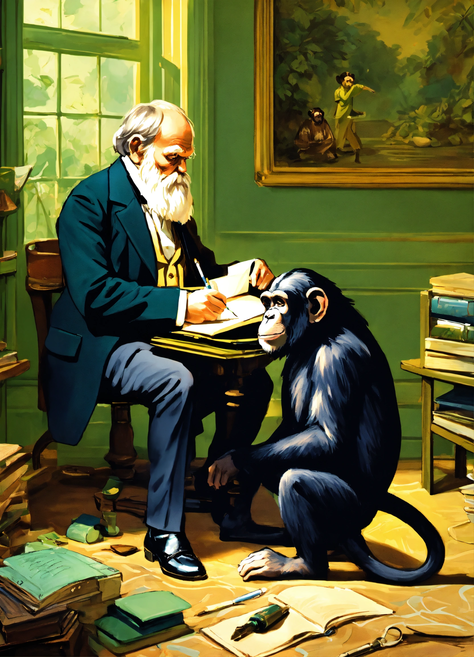 Lexica - Charles Darwin teaching a chimpanzee to write. cartoonish ...