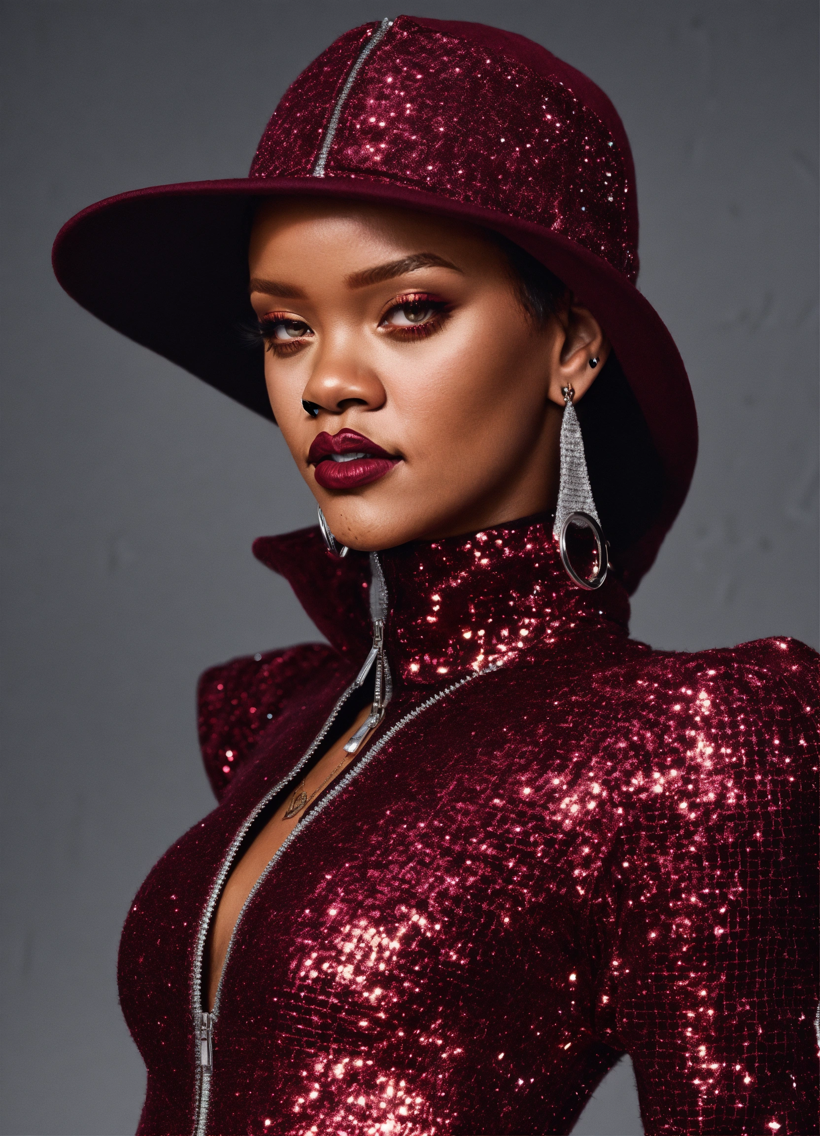 Lexica - Rihanna glittery patterned maroon and silver zip-up bodysuit ...