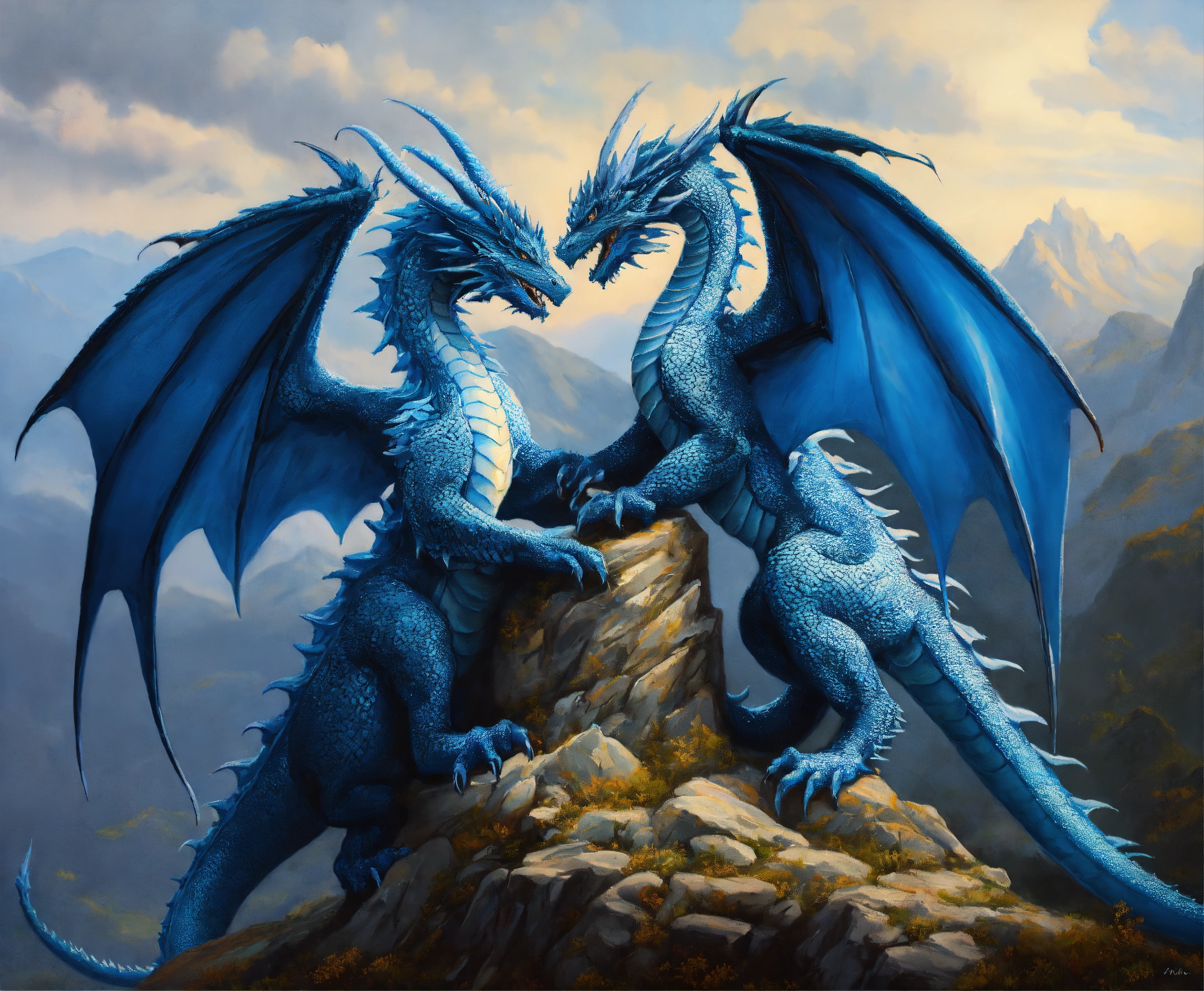 Lexica - Oil painting of two blue dragons touching each other on top of ...