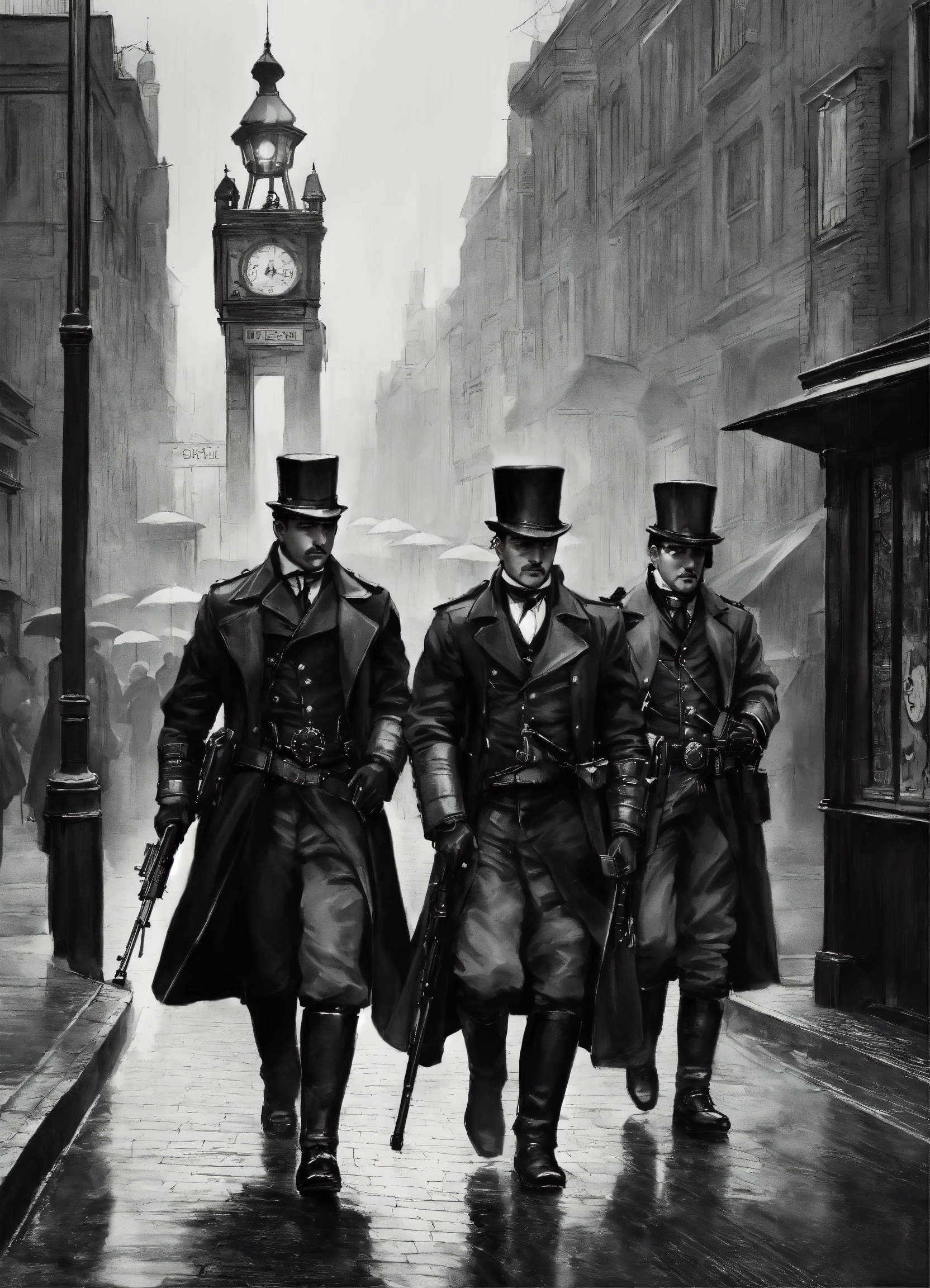 Lexica - Three armed guards patrolling the streets, wearing leather ...