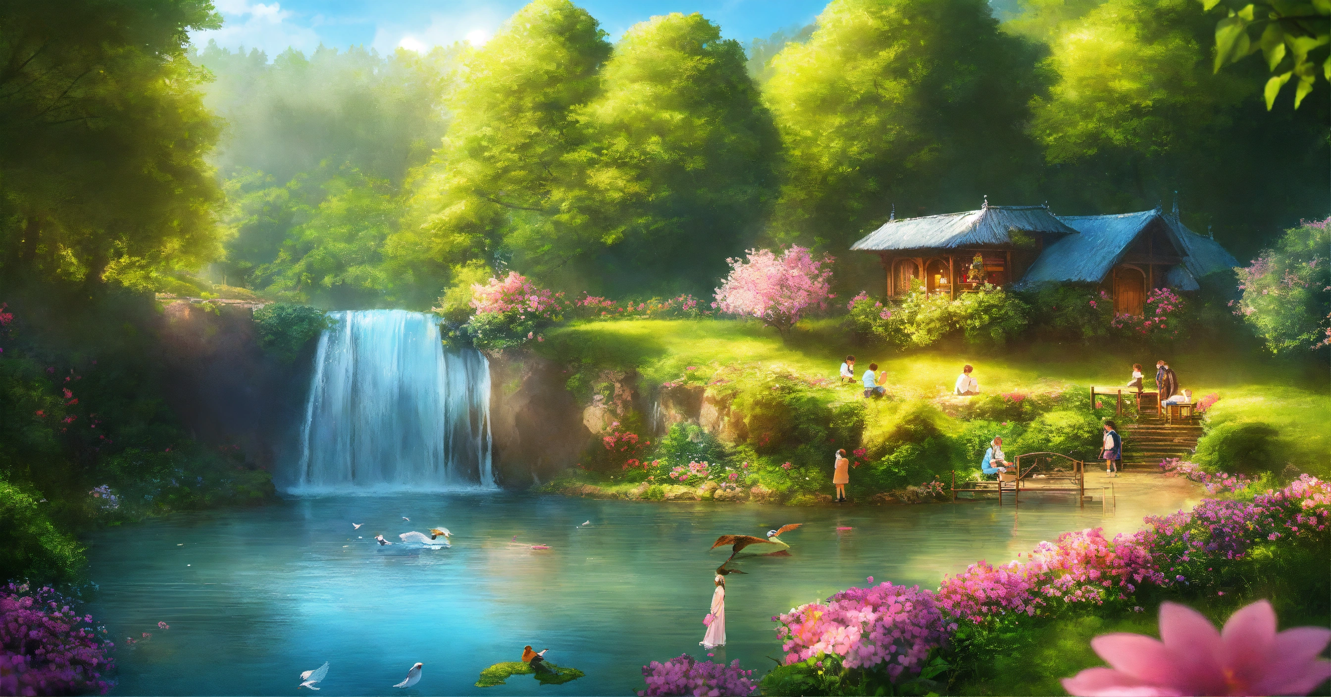 Lexica - Nice small garden along a river, waterfall nearby, surrounded ...